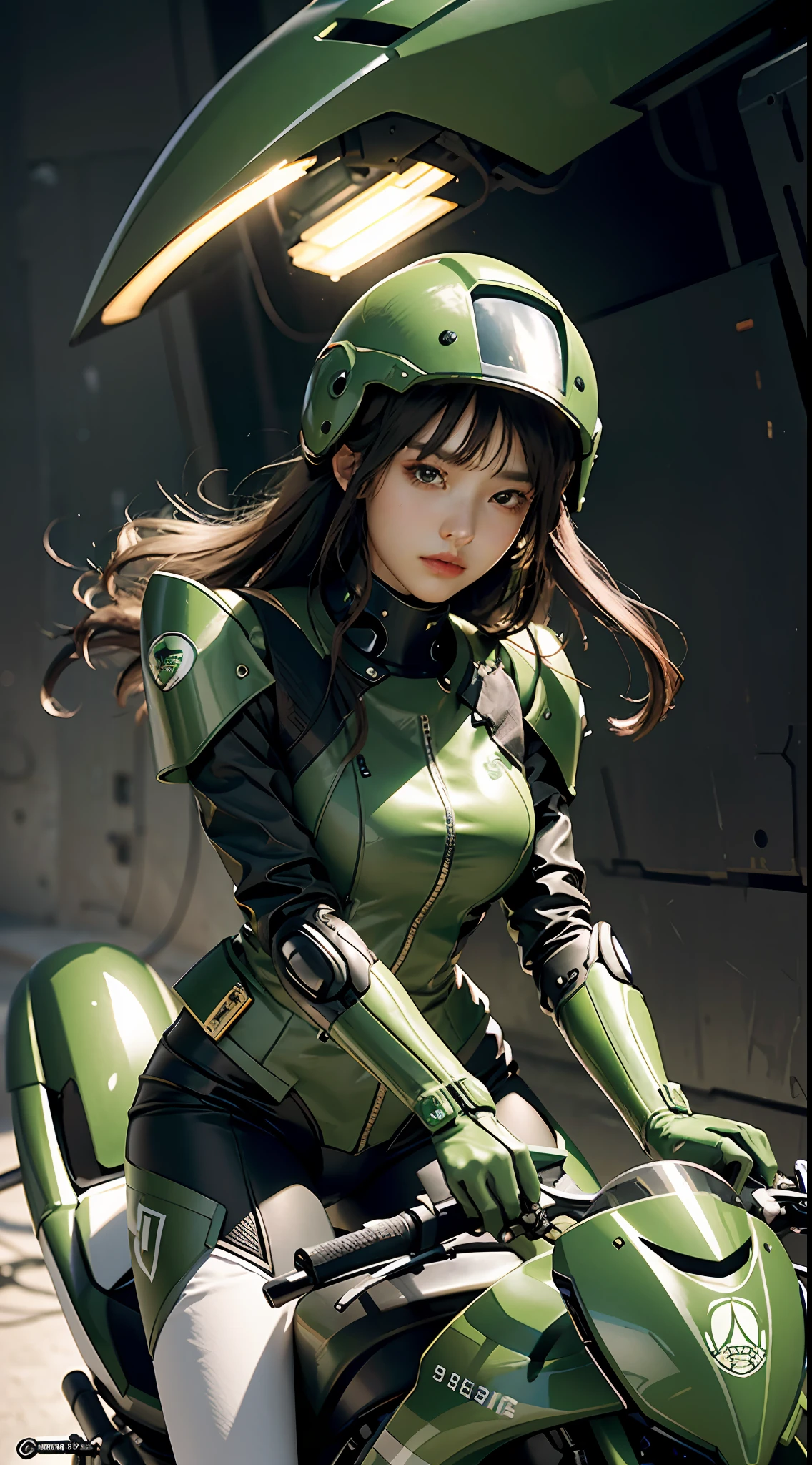 Highest image quality, outstanding details, ultra-high resolution, (realism: 1.4), the best illustration, favor details, highly condensed 1girl, with a delicate and beautiful face, dressed in a black and green mecha, wearing a mecha helmet, holding a directional controller, riding on a motorcycle, the background is a high-tech lighting scene of the future city.
