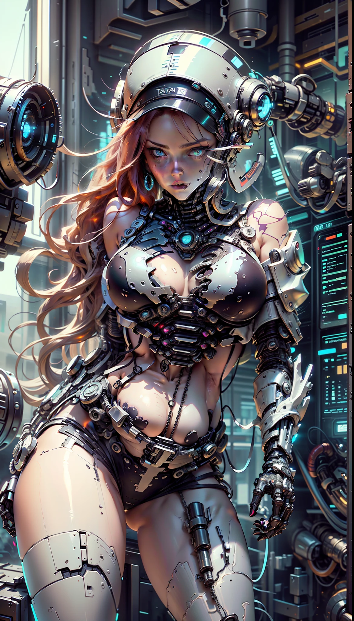 tmasterpiece, white skinned,redheadwear , The large, Curves and extra-thick breasts, Being Hard, Perfect body, Black futuristic outfit, Black mechanical prosthesis, Cyberpunk scene high-tech,sci-fy,Beautuful Women,scantily clad,Bigchest,Mermaid line,Full body like,battle armor,Erotic lingerie,stocklings,nakeness,Do not wear,scantily clad,sexyposture,Sultry