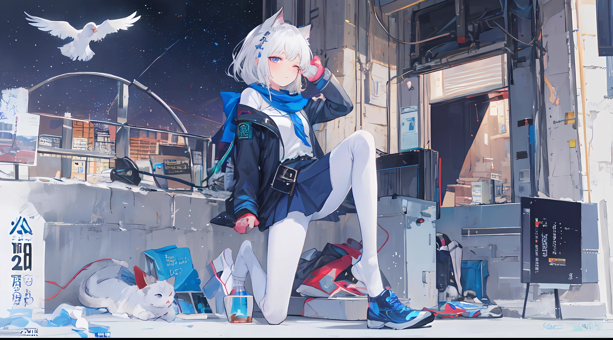 Heterochromic pupils,solo person,Ark of Tomorrow,one-girl,off-shoulder sweater, backless outfit,Starry sky,clusters of stars,Ray tracing,{Best quality}, {{Masterpiece}}, {A high resolution}, Original, Extremely detailed 8k wallpaper, {An extremely delicate and beautiful},,incredibly_absurderes,Colorful,intricately details,art book,,incredibly_absurderes,Ray tracing,Perspective,Wide shot,Overall view,,A high resolution,Game CG,short_Hair,cat_hor ears,White_Hair/White_Eyes,Detail fingers,Hands in hair,pigeon-toed,Pout,Blush,Eyes visible through hair,off-shoulder sweater,White_wind coat,Superskirt,White pantyhose,White cat ears,(((long white hair))),White tail,reaching out her hands,W cut sitting position,(((a black trench coat))),(((Blue sailor collar))),Blue pupil,Black hairpin,Post-industrial buildings,4K,Master picture quality,Texture,Ark of tomorrow style,On the ground lay the West Sword,eventide,Blood-red sunlight,Black backpack,((((Short blue skirt)))),((((White tights)))),black sneaker shoes,full bodyesbian,long and flowing hair,Smiling,Squint,The ultimate in facial depiction,The ultimate body depiction,The ultimate hair depiction ,There are lanterns on the ground,is shy,in a panoramic view,The ultimate scenario description,Pout,Beautiful_face,Beautiful detailed eyes,One eye is white,One eye closed ,Earphone,Beautiful detailed sky,reflective light,Ray tracing,Sunlight,(Maid dress),Sailor dress,Sleeves,beautiful detailed water,Beautiful detailed sky,god light,depth of fields,Normal body,Normal posture,Front view,Absolutely good light and shadow,Detailed sky,baiyun,the sunset,(((城市,starlights,rios,darkly))).{Best quality}, {{Masterpiece}}, {A high resolution}, Original, Extremely detailed 8k wallpaper, {An extremely delicate and beautiful},,Ray ,{Best quality}, {{Masterpiece}}, {A high resolution}, Original, Extremely detailed 8k wallpaper, {An extremely delicate and beautiful},,incredibly_absurderes,Colorful,intricately details,art book,,Overall view,,Depth o