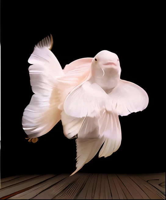 The Araffed White Bird spreads its wings and flies through the air, albino dwarf, albino mystic, albino, Strong albinism, a ta fish, gold fish, exquisite and handsome wings, long flowing fins, betale, prize winning color photo, daniel, Koi, chicken face morphed fish head, v - fin, half fish, white male, Intriguing volume chatteino skin