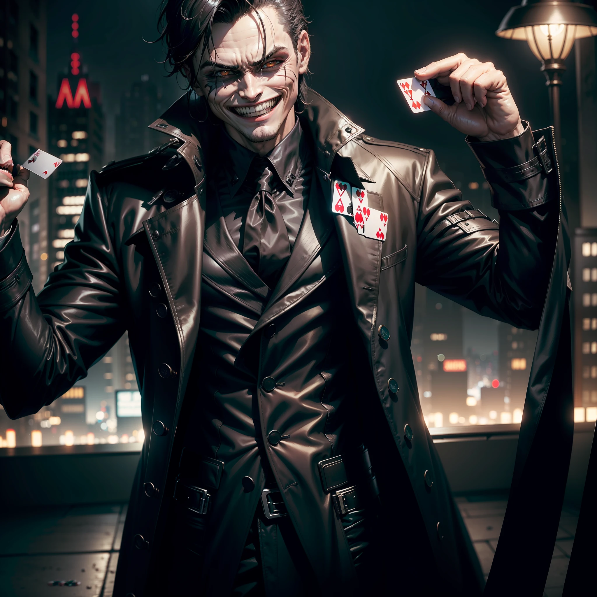 The Batman who laughs, wide grin, holding poker cards, dark gloomy city background, long black trench coat, faced toward camera, 4K, high detail, Masterpiece