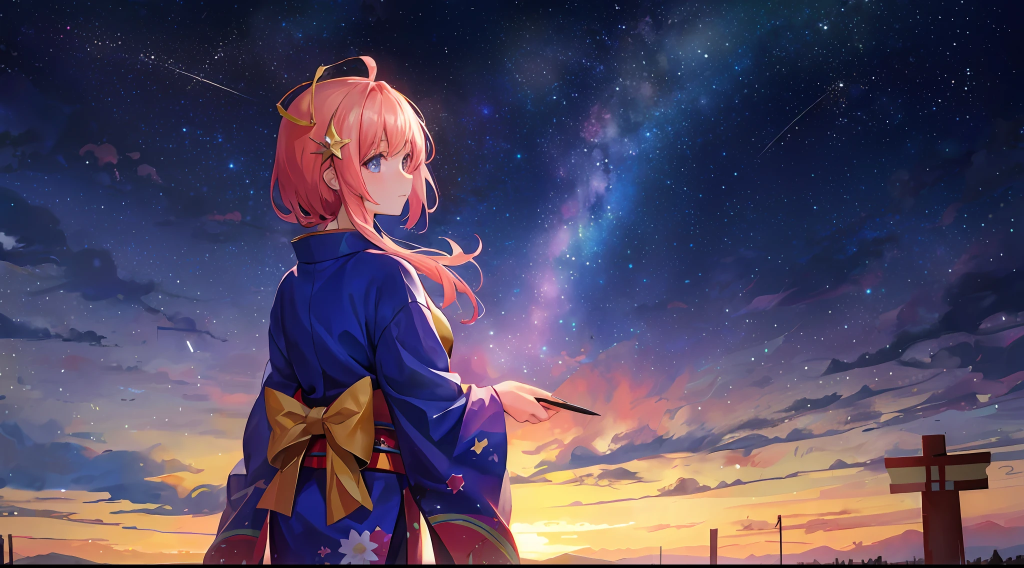 1girll,A girl from afar gazing at the stars in a kimono,(zoomout:1.1),(meteor shower:1.2),(comets:1.1),Your name,low angles,From behind,aurora borealis,meteors,Shaw Palace,SakuraNS,standing in a field,Best quality at best,tmasterpiece,clouds,Colorful,Starry,As estrelas,