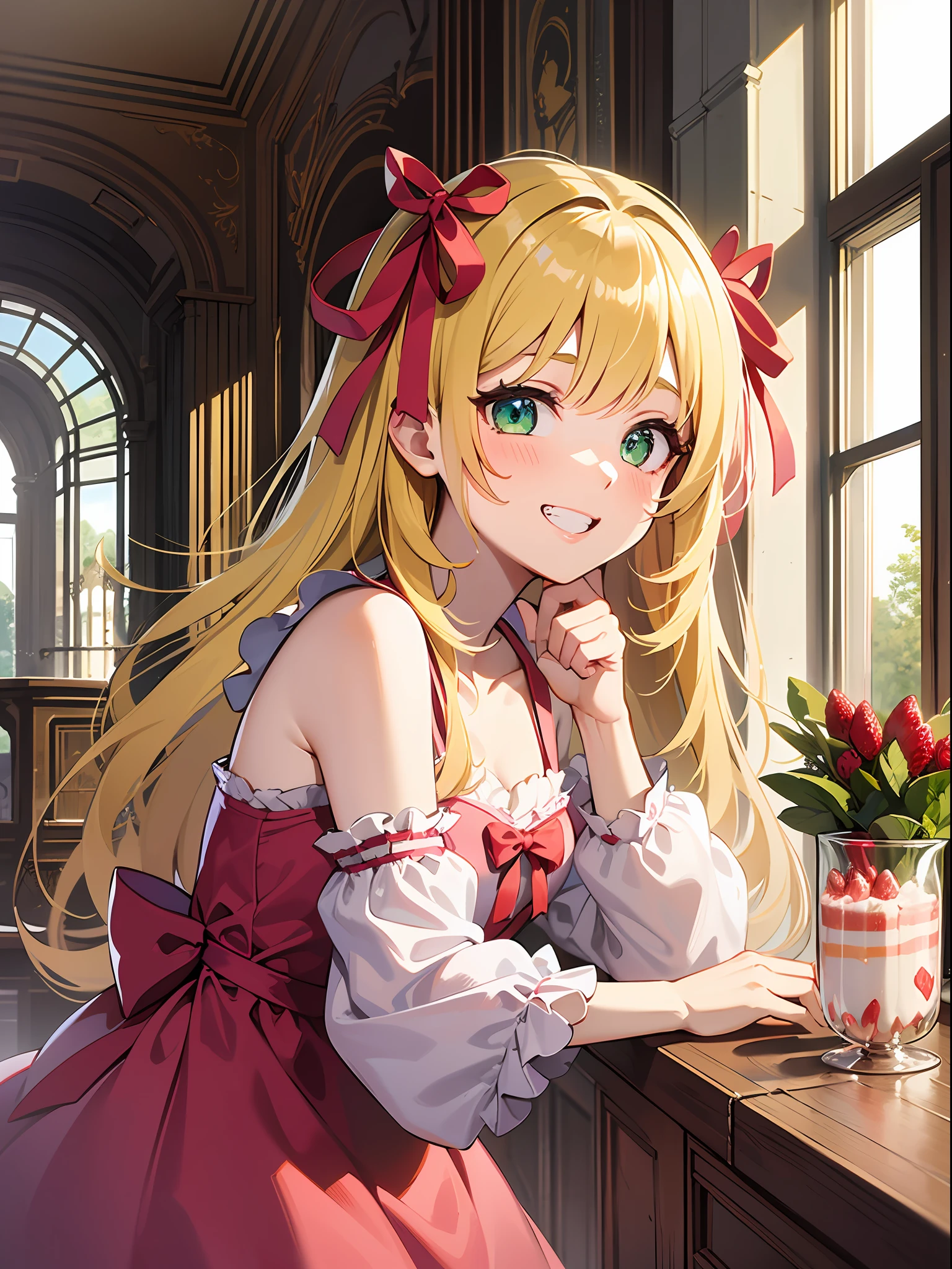 (masterpiece:1.3), (best quality:1.3), high resolution,
upper body,
leaning forward, body facing forward,
(one cute girl:1.3), solo,
white skin, small Breast, eight-headed person,
light yellow hair, long hair, red ribbon, fluffy hair, beautiful hair, green eyes, beautiful detailed eyes,
grin,
frilled dress, pink dresses, (shortcake:1.3),
outdoors, inside the castle, luxury rooms,
shadowlighting,