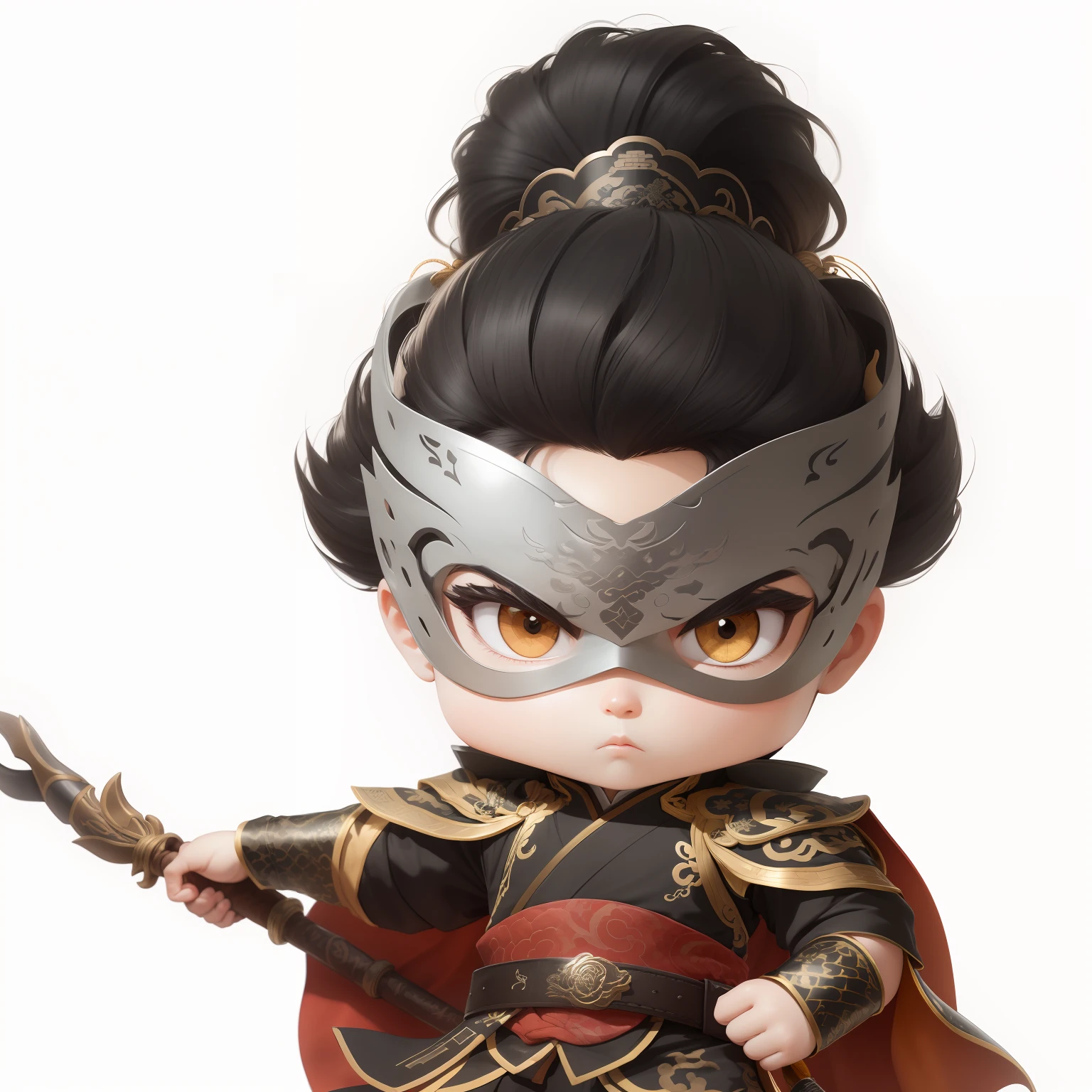 male people，Male characters，Chibi anime characters，Bad，Eight snake spears，Spear weapons，Flowing hem，China-style，Chinese-style clothing，Chinese shoes，There are beautiful patterns on the weapon grips，Refinement，Fine painting，Refinement，infinite details，high definition detail，Delicate belt，Belt accessories，Male characters，Blindfolds，Black color hair，Patterned，Pattern，Blank background，Bright colors，Metal edging