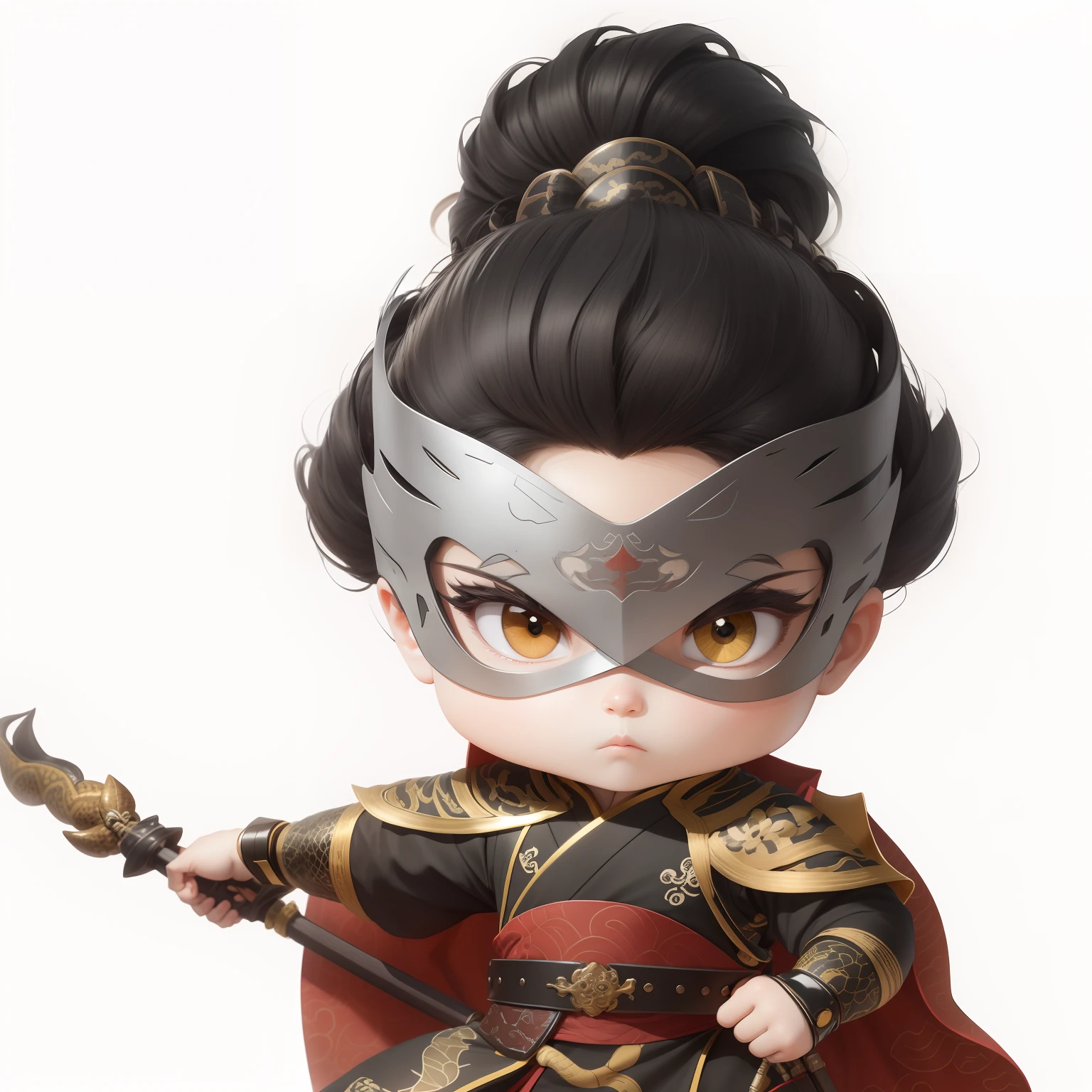 male people,Male characters,Chibi anime characters,Bad,Eight snake spears,Spear weapons,Flowing hem,China-style,Chinese-style clothing,Chinese shoes,There are beautiful patterns on the weapon grips,Refinement,Fine painting,Refinement,infinite details,high definition detail,Delicate belt,Belt accessories,Male characters,Blindfolds,Black color hair,Patterned,Pattern,Blank background,Bright colors,Metal edging
