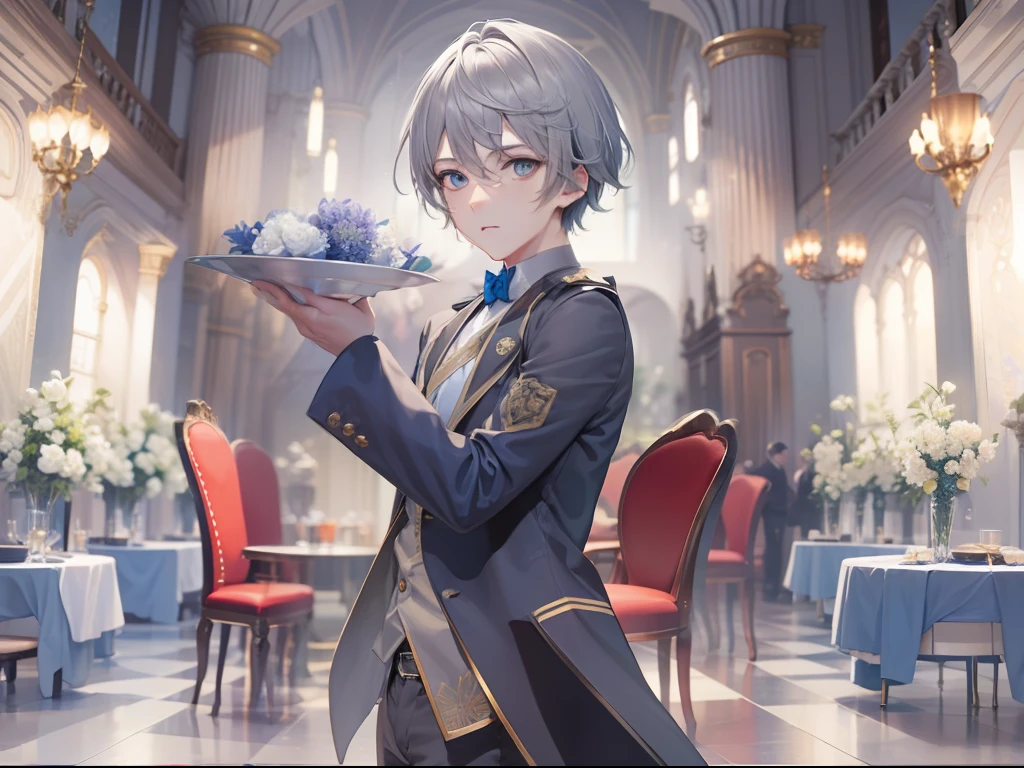 Best quality, tmasterpiece, An 18-year-old boy appeared alone, In the banquet hall, Short gray hair, blue color eyes, The expression is firm,