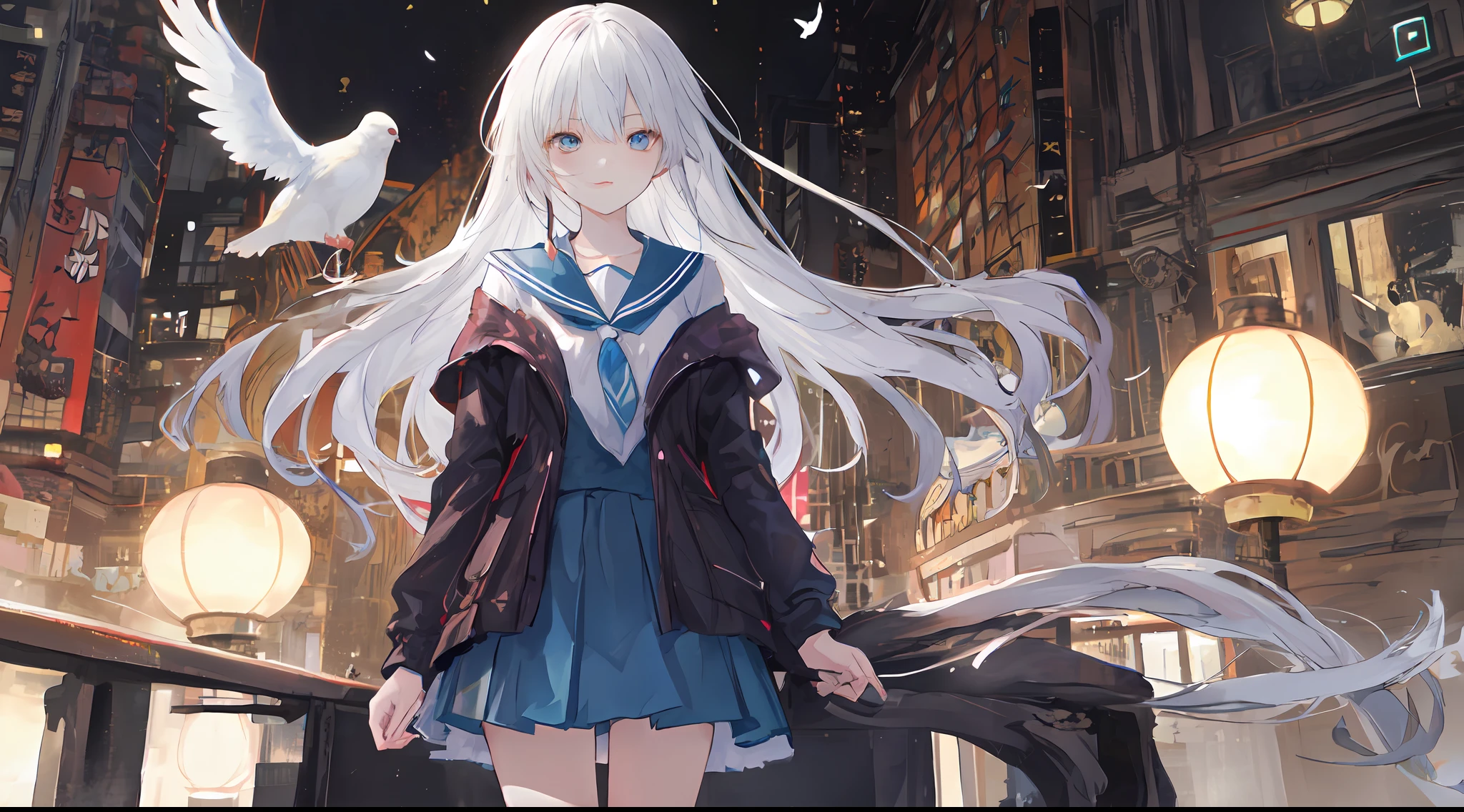 Ark of tomorrow style，finely quality eyes，good eyes looking，Heterochromic pupils，solo person，Ark of Tomorrow，one-girl，off-shoulder sweater, backless outfit,Starry sky,clusters of stars,Ray tracing,{Best quality}, {{Masterpiece}}, {A high resolution}, Original, Extremely detailed 8k wallpaper, {An extremely delicate and beautiful},,incredibly_absurderes,Colorful,intricately details,art book,,incredibly_absurderes,Ray tracing,Perspective,Wide shot,Overall view,,A high resolution,Game CG,short_Hair,cat_hor ears,White_Hair/White_Eyes,Detail fingers,Hands in hair,pigeon-toed,Pout,Blush,Eyes visible through hair,off-shoulder sweater,White_wind coat,Superskirt,White pantyhose,White cat ears，（((long  white hair)))，White tail，reaching out her hands，W cut sitting position，(((a black trench coat)))，(((Blue sailor collar)))，Blue pupil，White hairpin，Post-industrial buildings，4K，Master picture quality，Texture，Ark of tomorrow style，On the ground lay the West Sword，eventide，Blood-red sunlight，Black backpack，((((Short blue skirt))))，((((White tights))))，black sneaker shoes，full bodyesbian，long and flowing hair，Smiling，Squint，The ultimate in facial depiction，The ultimate body depiction，The ultimate hair depiction ，There are lanterns on the ground，is shy，in a panoramic view，The ultimate scenario description，Pout,Beautiful_face,Beautiful detailed eyes,One eye is white，One eye closed ,Earphone,Beautiful detailed sky,reflective light,Ray tracing，Sunlight,(Maid dress),Sailor dress,Sleeves,beautiful detailed  water,Beautiful detailed sky,god light,depth of fields,Normal body，Normal posture，Front view，Absolutely good light and shadow，Detailed sky，baiyun，the sunset，(((城市，starlights，rios，darkly))).{Best quality}, {{Masterpiece}}, {A high resolution}, Original, Extremely detailed 8k wallpaper,  {An extremely delicate and beautiful},,Ray ,{Best quality}, {{Masterpiece}}, {A high resolution}, Original, Extremely detailed 8k wallpaper, {An extremely delicate and beautiful},,incredibly_absurderes,