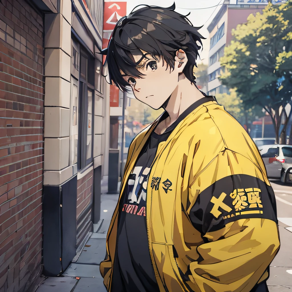 Anime style 4K,Anime rendering,style of anime,China Campus,A little fat young man,Wear yellow casual attire,On campus,are standing,A puzzled expression