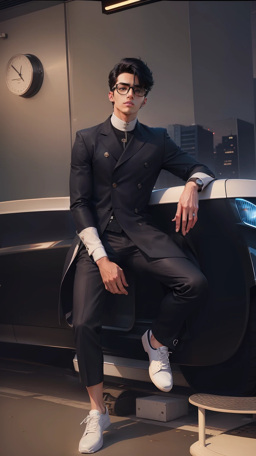 Stylish face,stylish specs,black hair,white shoes,black coat,high technical buildings landscape,super car, handsome boy