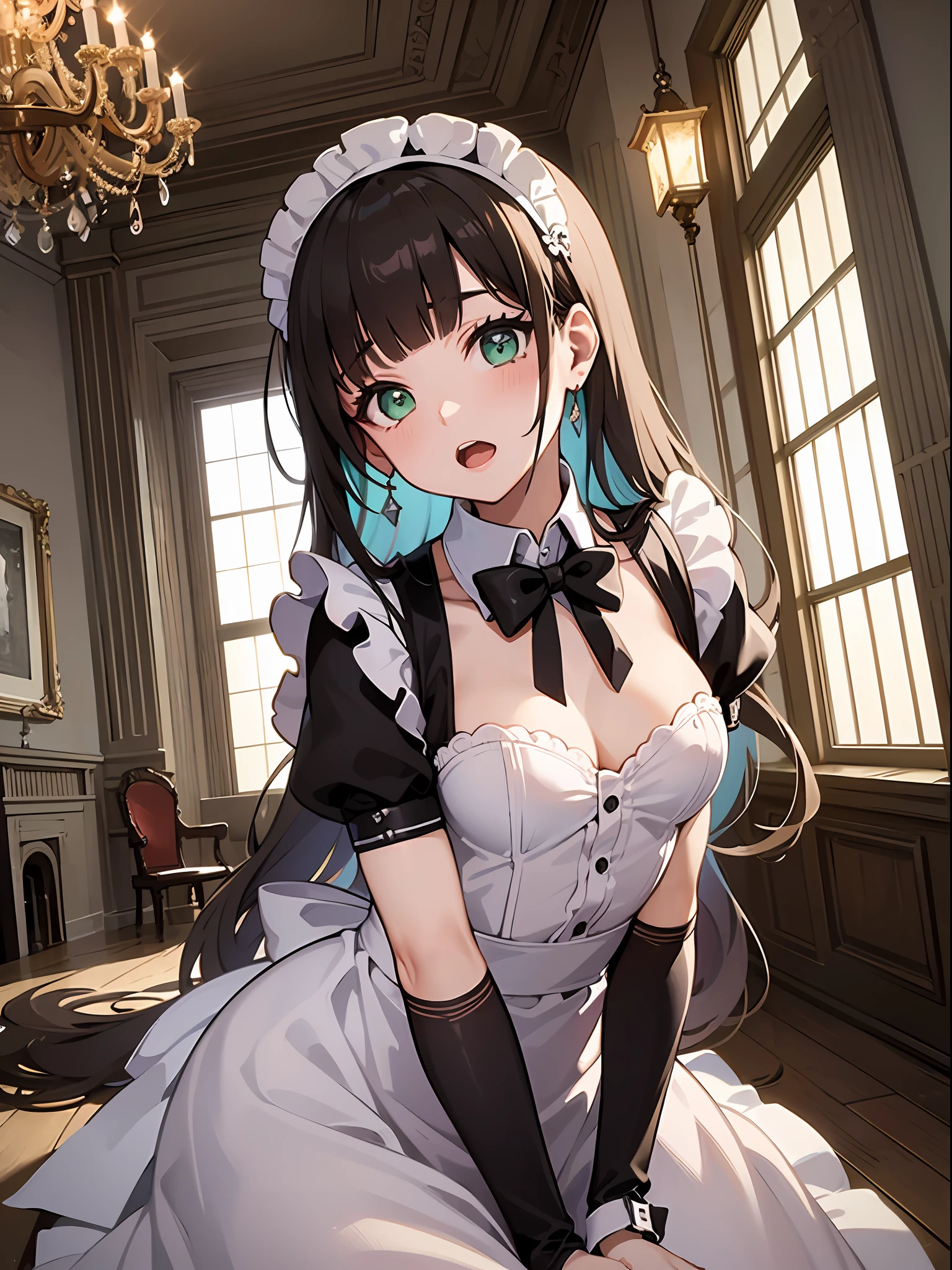 (masterpiece:1.3), (best quality:1.3), high resolution,
upper body,
leaning forward, body facing forward,
(one cute girl:1.3), solo,
white skin, small Breast, eight-headed person,
light brown hair, long hair, straight hair, (blunt bangs:1.2), beautiful hair, green eyes, drooping eyes, beautiful detailed eyes,
open mouth, surprised,
maid,
indoors, inside the castle, luxury rooms,
shadowlighting,