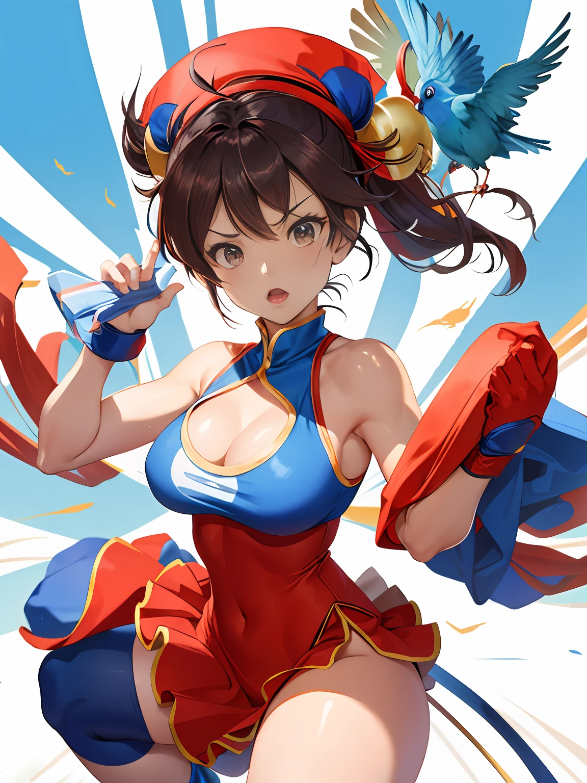 Cartoon girl in blue hat and red dress with bird on head, chun li at the gym, asuka suit under clothes!, rumiko, Chun-li, chun - li, chun li, inspired by Rei Kamoi, Yayoi Kasuma, juri han from street fighter, cel - shaded art style, 2 d anime style, Lori