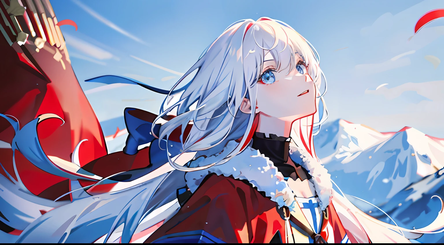 1girll, flag of Russia,Siberian winter clothes,Red, blue, white clothing,long white hair,Blue eyes,Domineering,Look up