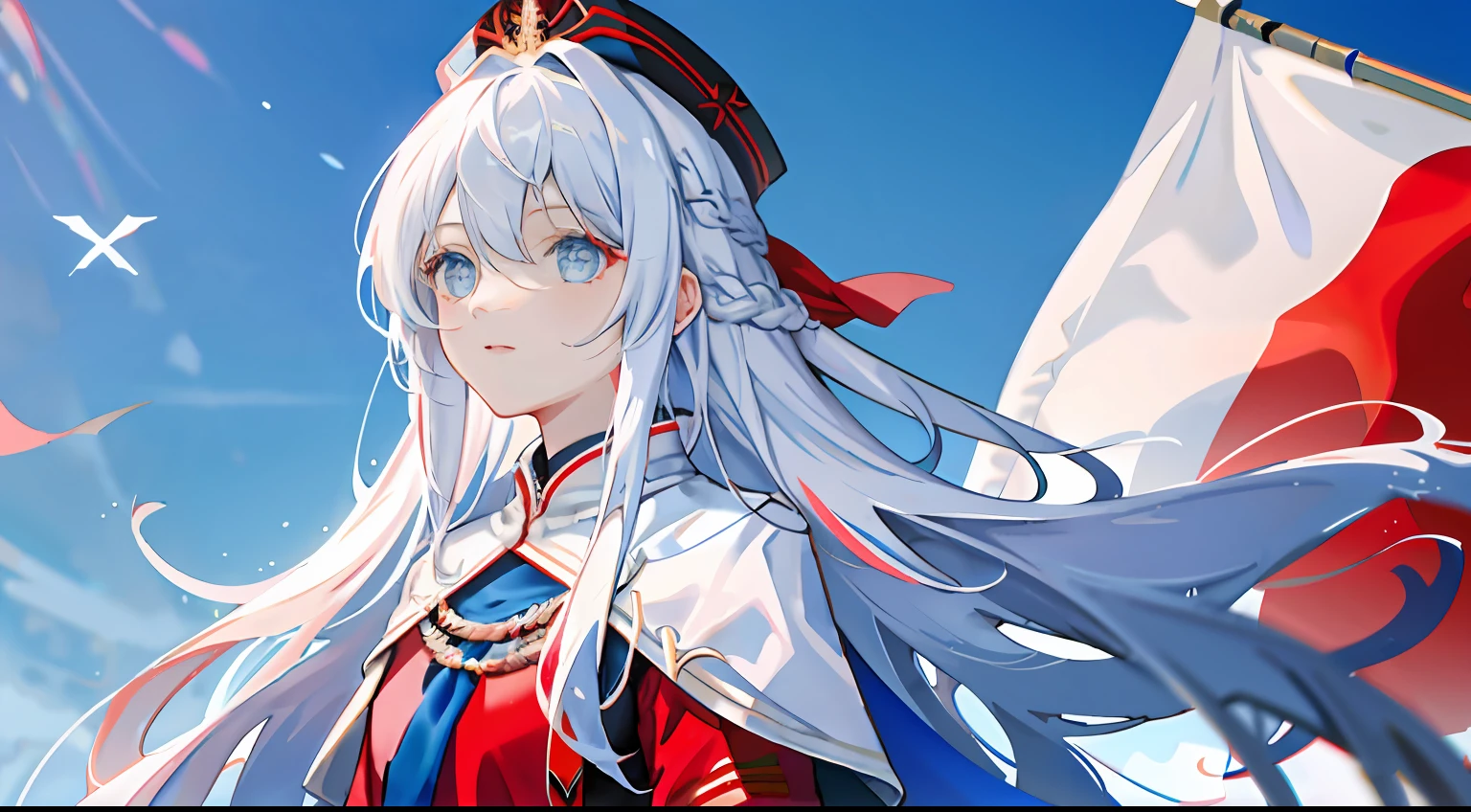 1girll, flag of Russia,Siberian winter clothes,Red, blue, white clothing,long white hair,Blue eyes,Domineering,Look up
