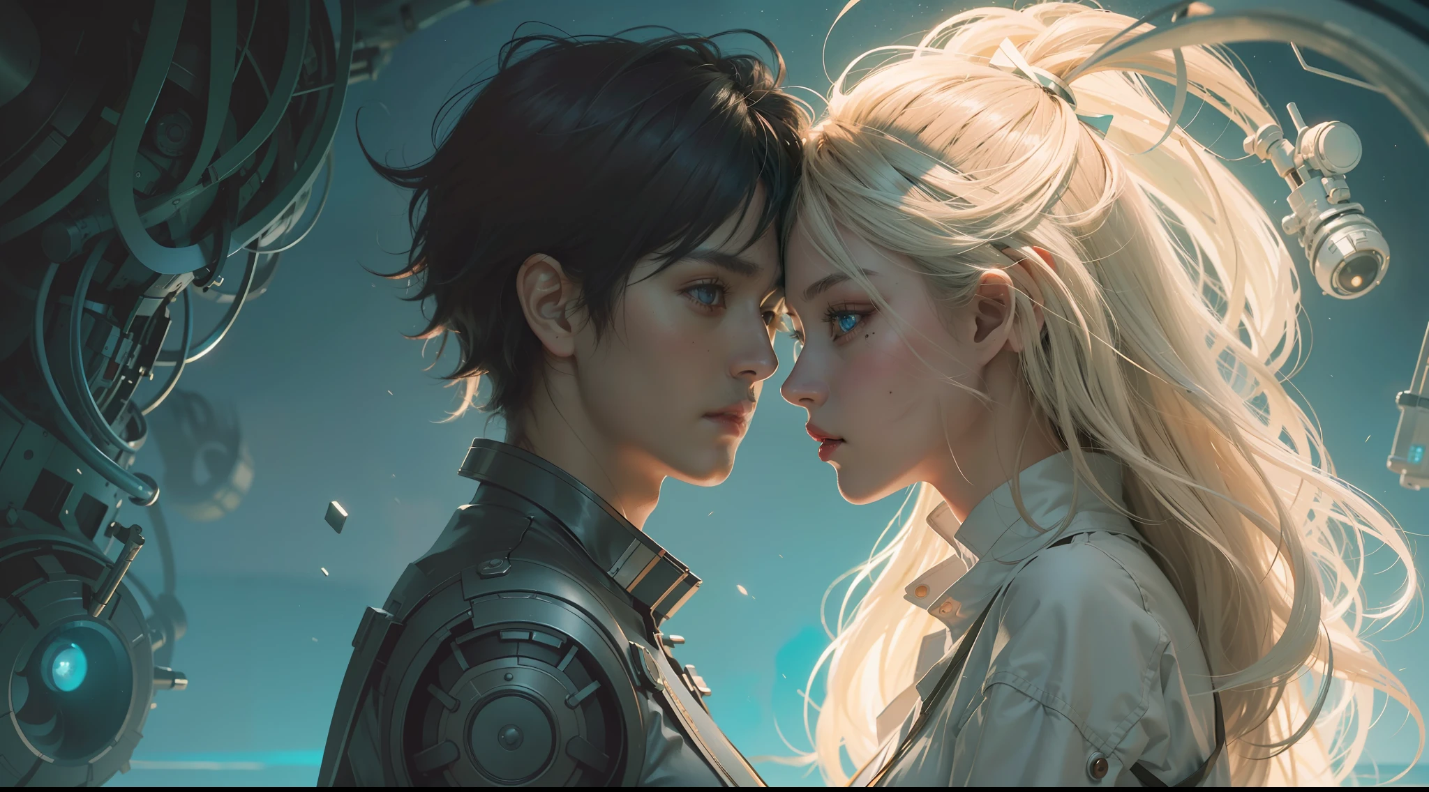 (best qualtiy,ultra - detailed,Most Best Illustration,Best shadow,tmasterpiece,A high resolution,professionalartwork,famousartwork),sci-fy,It depicts a young couple with colored scleras and a huge alien big cute,There are robot eyes,author: Makoto Shinkai,Written by Artgerm,Author wlop,Written by Greg Rutkowski,Volumetriclighting,rendering by octane,4K 分辨率,ArtStation Trends,tmasterpiece