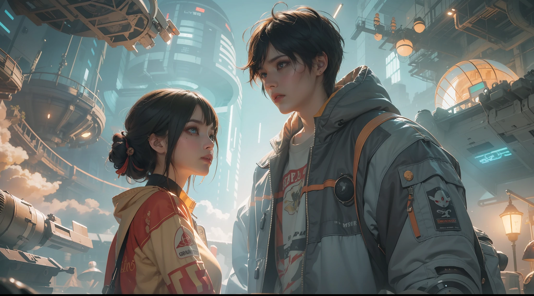 （best qualtiy，ultra - detailed，Most Best Illustration，Best shadow，tmasterpiece，A high resolution，professionalartwork，famousartwork），sci-fy，It depicts a young couple with colored scleras and a huge alien big cute，There are robot eyes，author: Makoto Shinkai，Written by Artgerm，Author wlop，Written by Greg Rutkowski，Volumetriclighting，rendering by octane，4K 分辨率，ArtStation Trends，tmasterpiece
