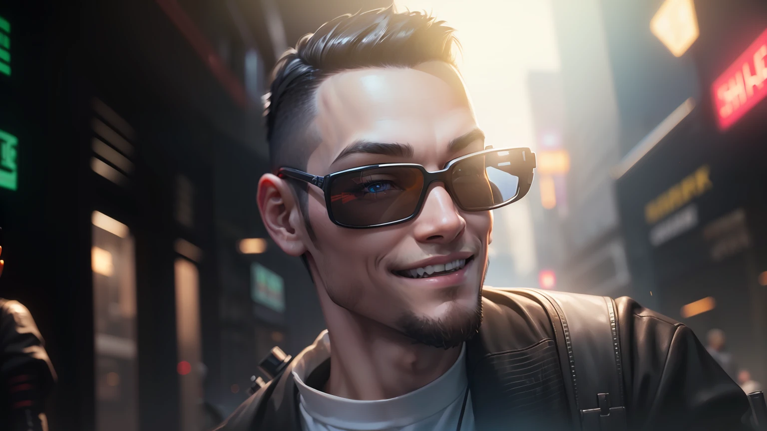 ((Best quality, 8k, Young boy smiles , Cyberpunk Realistic face , gamer, guns, cute asian white girl standing behind him, Hitman in suit smiles