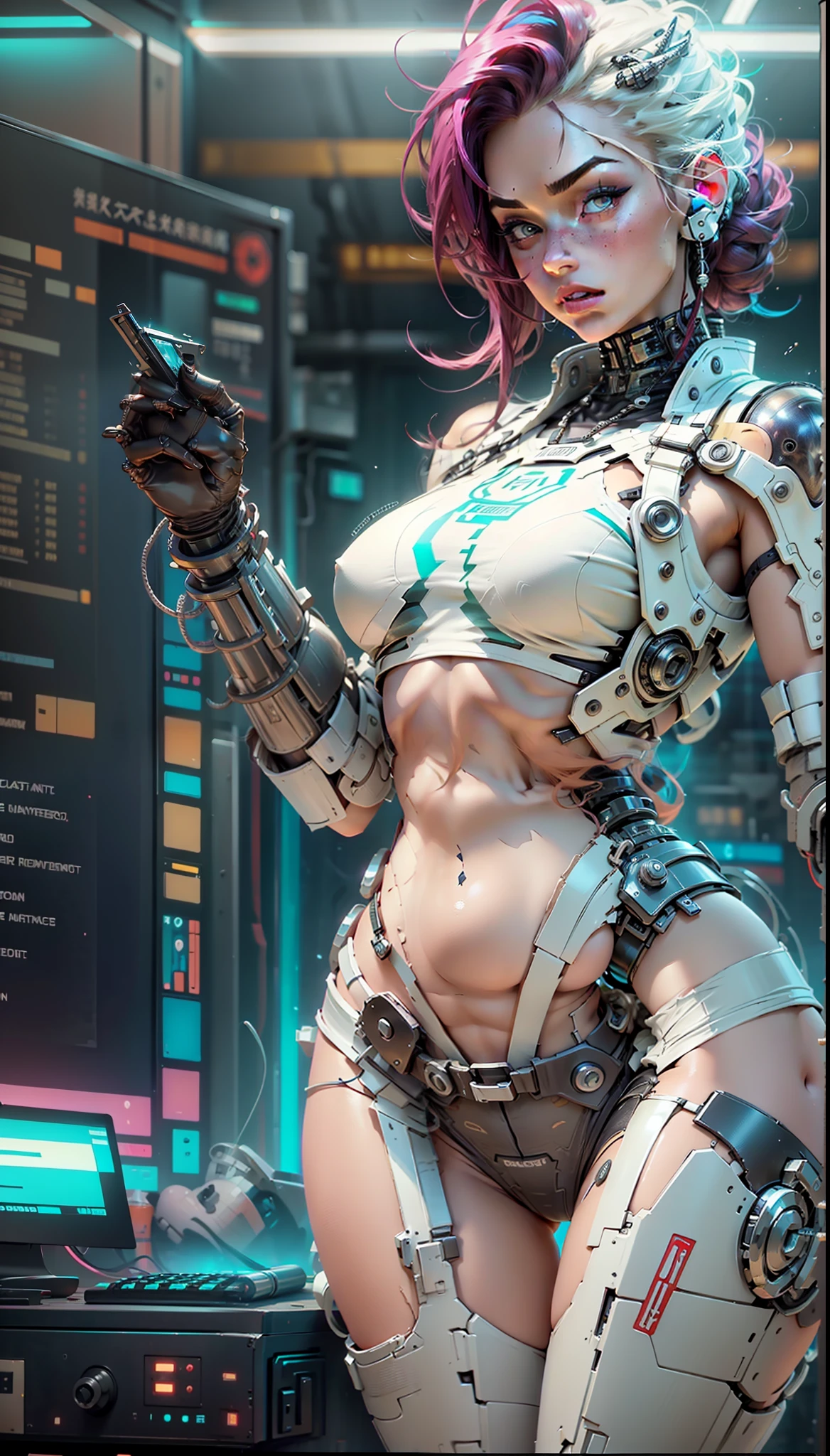 tmasterpiece, white skinned,redheadwear , The large, Curves and extra-thick breasts, Being Hard, Perfect body, futuristic outfit, Mechanical prosthesis, Cyberpunk scene high-tech,sci-fy,Beautuful Women,scantily clad,Bigchest,Abs,Mermaid line,Full body like,battle armor,Erotic lingerie,stocklings,nakeness,Do not wear,scantily clad,sexyposture,Sultry