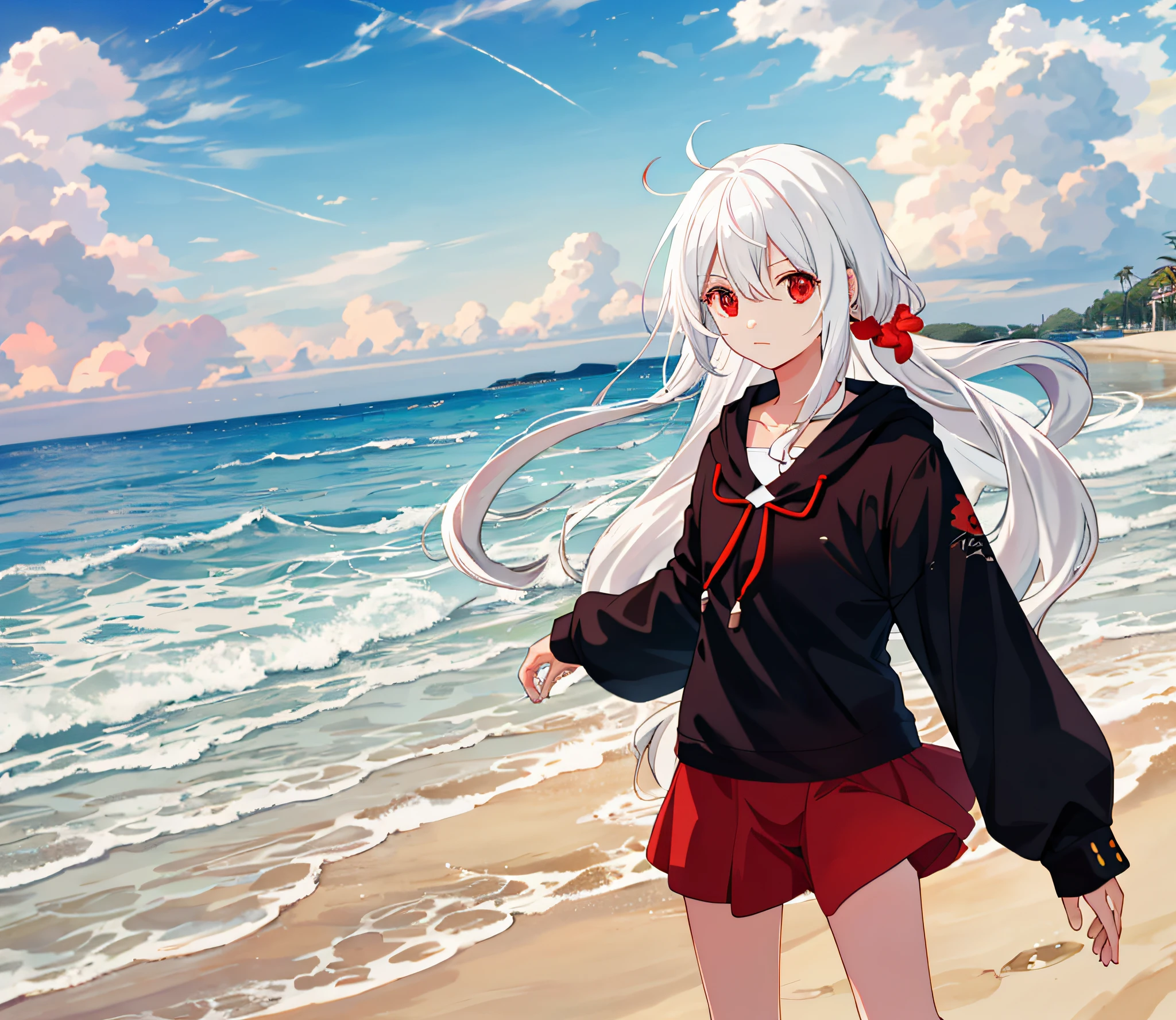 the setting sun，sea surface，sandbeach，Recife，Anime girl with white hair and red eyes，比基尼