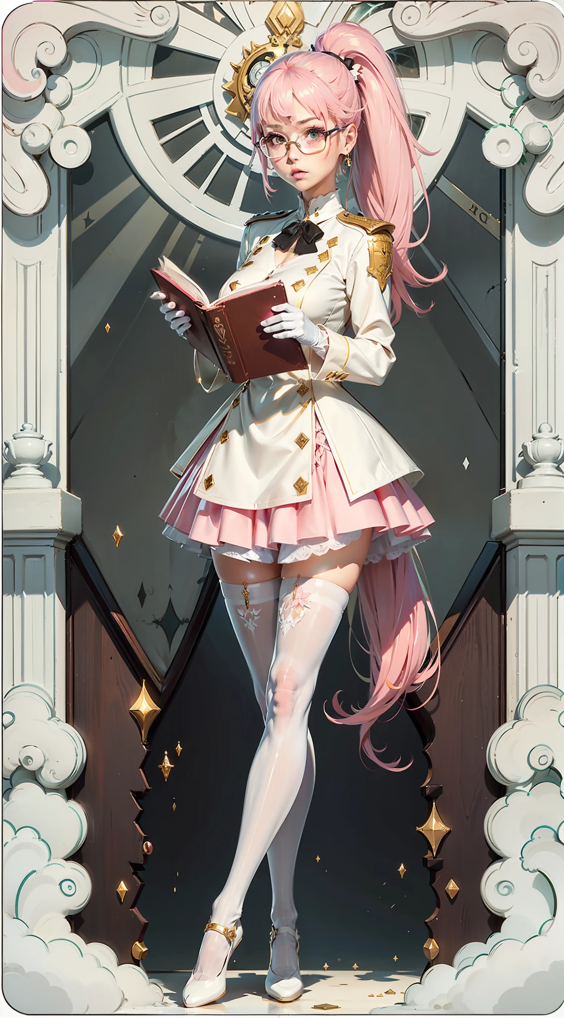 Pink hair，High long ponytail，round frame glasses，Year of the cardamom，Pink over-the-knee skirt，Translucent white stockings，library，Librarian，Reading，desks，Tsundere，White and tender，Wearing white gloves，plain face，Slim，little breast，in one hand Holding a book，World Masterpieces，Clear conditioning，Gao cold eyes，Reddish cheeks，having fun，HighestQuali，eyes highlights，Vivid，Eyes facing the lenses，Erudition,Female general，8K，leathery，Slim，high light，shadowing，Wrap the chest，The expression was serious，Not exposed，Majesty