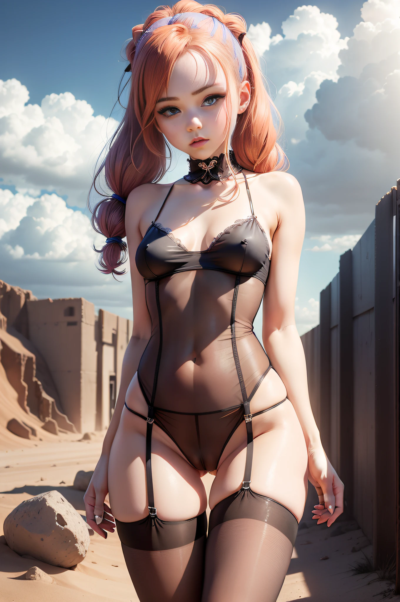 1 girl, solo, (nsfw), cute redhead 18-year-old girl in twin tails, ((perfect female body)) multiple (rainbow colored hair: 1.2), (beautiful detailed blue eyes: 1.6), (photo realistic eyes: 1.6), happy, Ukrainian, (petite body), ((small hips)), pale white skin, wearing a ((sheer)) ((see through)) (pantyhose playboy bunny) outfit, ((sheer)) ((see through)), (partial nudity), (camel toe), frilly edges, frilly, shiny oily pantyhose, post apocalyptic background, bleak barren desert, very dark cloud covered sky, photo realistic.