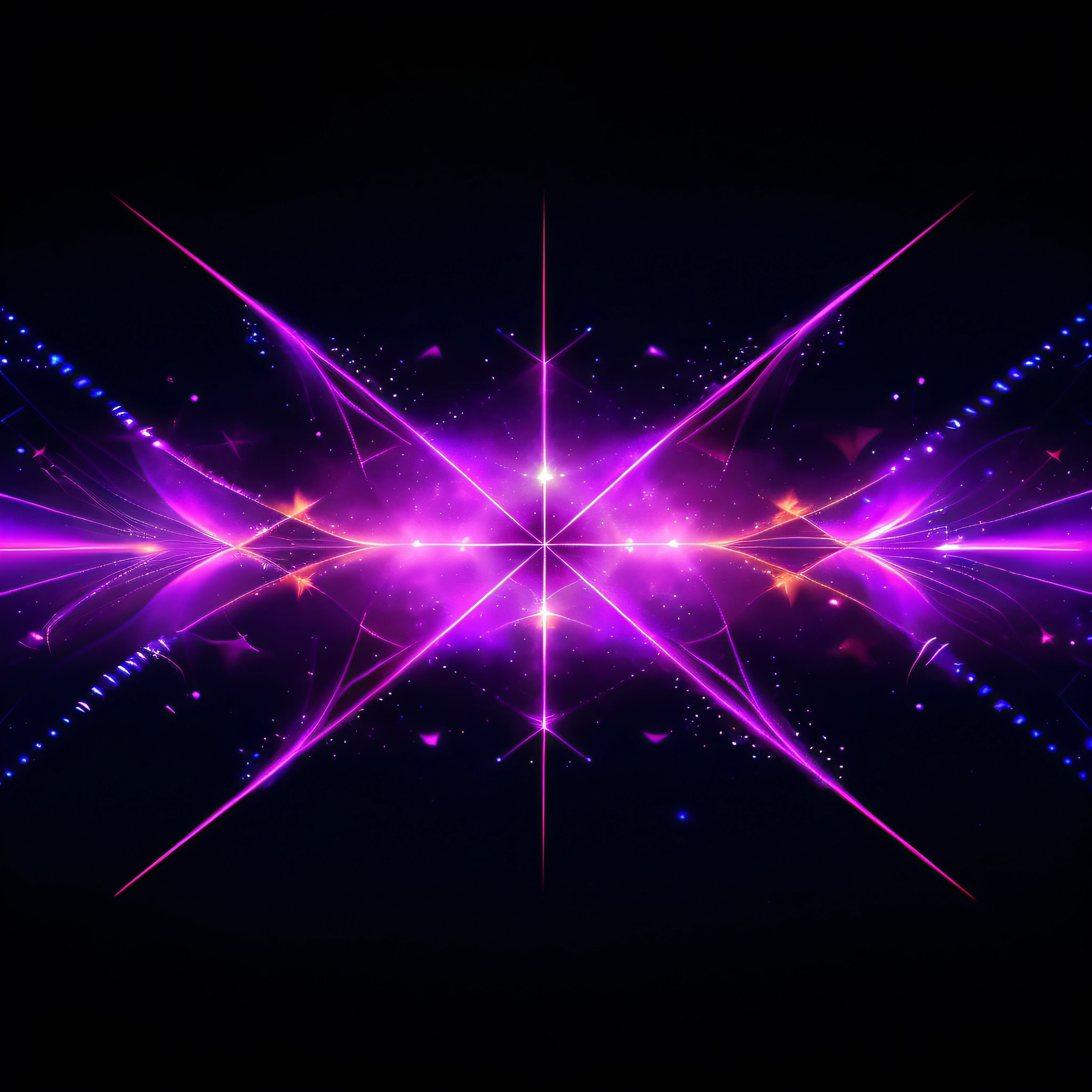 a close up of a purple and blue star burst on a black background, dark neon colored universe, space fractal gradient, background with neon lighting, glowing violet laser beam eyes, neon lens flare, radiant flares, explosion of neon lights, fractal lighting, glowing fractals, laser lights background, abstract purple lighting, electric aura with particles, cosmic energy wires