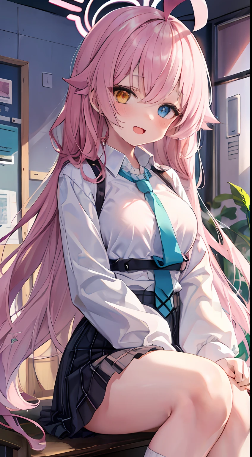 1girll, hoshino (Blue Archive), Solo, Heterochromia, Pink hair, Skirt, Long hair, tiese, ahoge, shirt, Halo, plaid skirts, Blue eyes, tartan, view the viewer, White shirt, Sitting, Orange eyes, breast belt, exploited, Long sleeves, ID cards, Open mouth, Very long hair, Collared shirt, Smile, a blue tie, bangs, foot out of frame, between legs, hand between legs, Blush, hair between eye, A high resolution,Masterpiece, Best quality