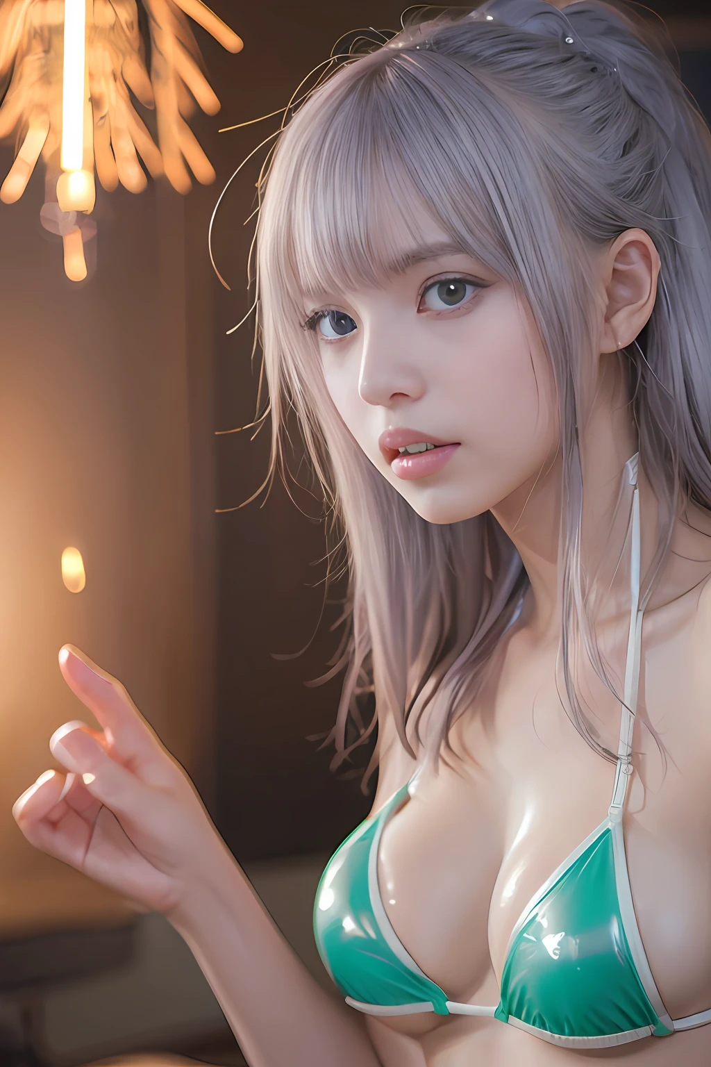 top-quality、masterpiece、超A high resolution、(Photorealsitic:1.4)、Raw photo、(Girl Detained by Mechanical Device)、years、Shiny platinum hair、anxious expression、glowy skin、((super realistic details))、portlate、globalillumination、Shadow、octan render、8K、ultrasharp、Colossal tits、cleavage of the breast、(Underbust of exposed raw skin:1.4)、(White latex micro bikini without strings:1.4)、Upper Arm Chain、high intricate detailed、Realistic light、CGSoation Trends、a purple eye、radiant eyes、looking away from camera、neon details、sitting on、Futuristic hair ornament、Gundam、Small LED lamp、Purple neon lighting、Green neon lighting、