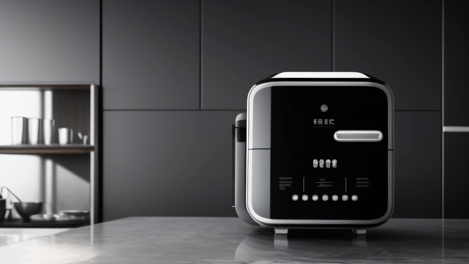 The kitchen counter has a black and silver coffee machine，Black and white countertops，Black and silver countertops,Dalof Ipukar,unreal engine rendered,computer render,hyper photorealism,