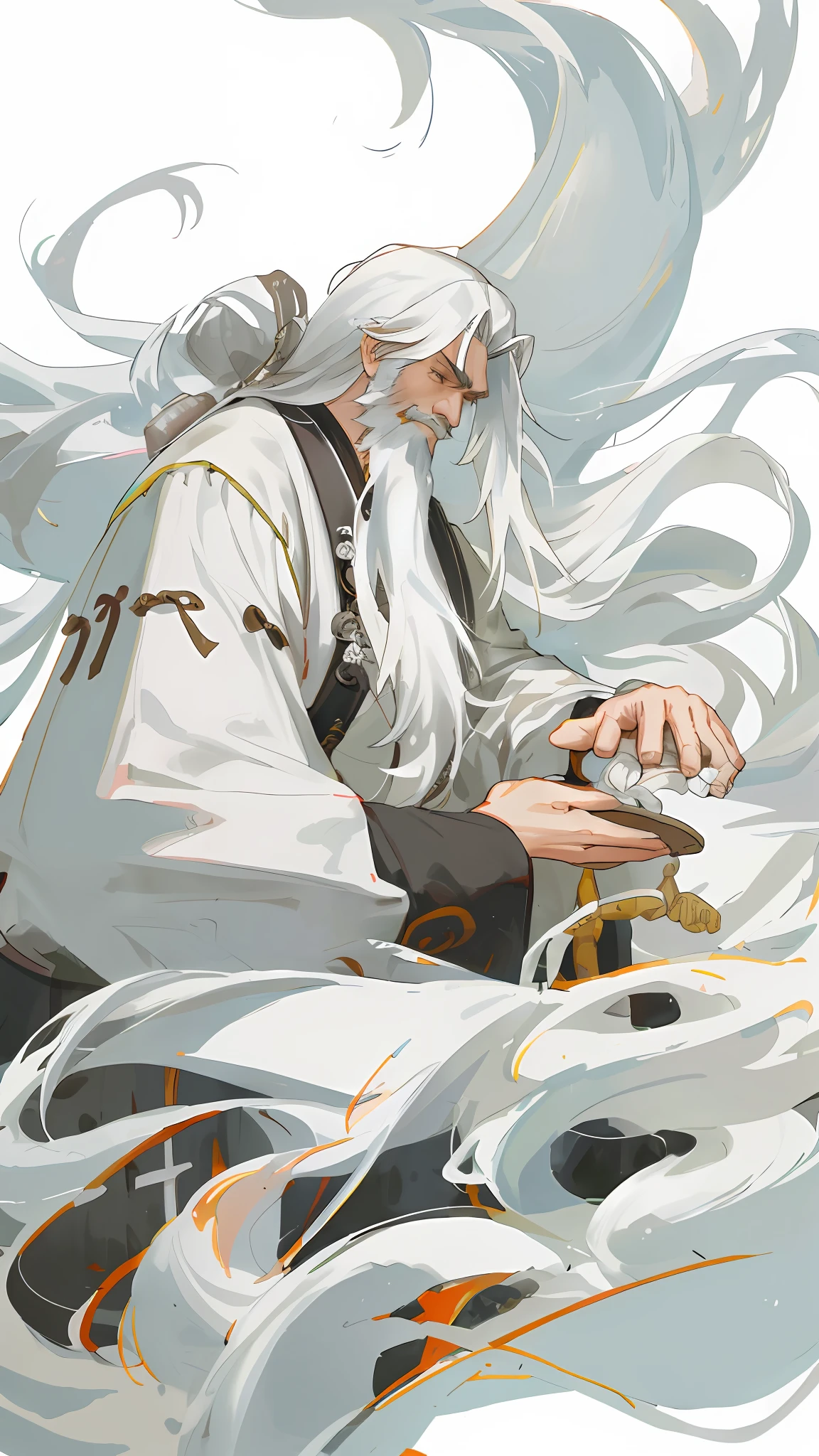 long white hair and beard，wearing long white togas, Inspired by Hu Zaobin, detailed white long hair, inspired by Li Cheng, inspired by Wu Daozi, inspired by Dong Yuan, by Russell Dongjun Lu, digital character painting, white long beard