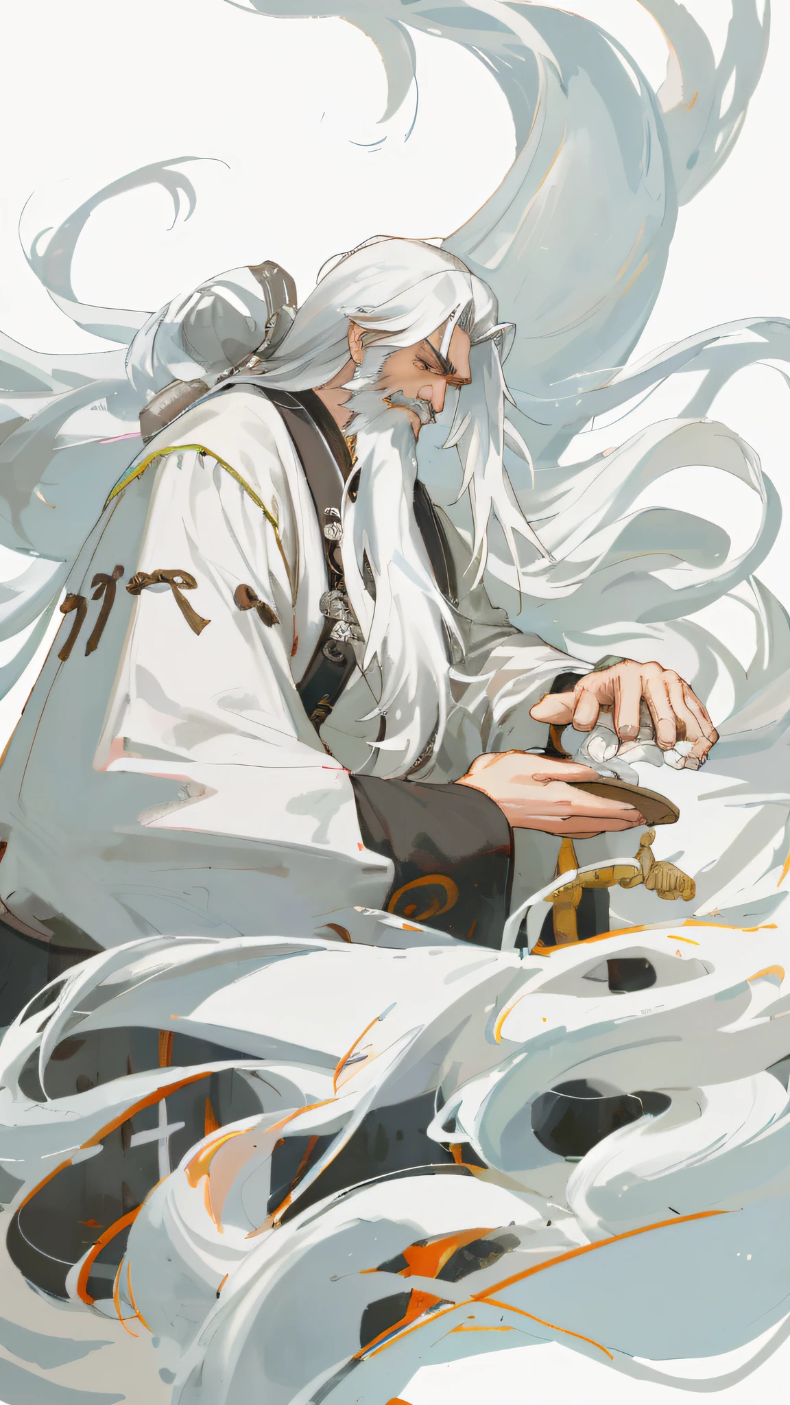 long white hair and beard,wearing long white togas, Inspired by Hu Zaobin, detailed white long hair, inspired by Li Cheng, inspired by Wu Daozi, inspired by Dong Yuan, by Russell Dongjun Lu, digital character painting, white long beard