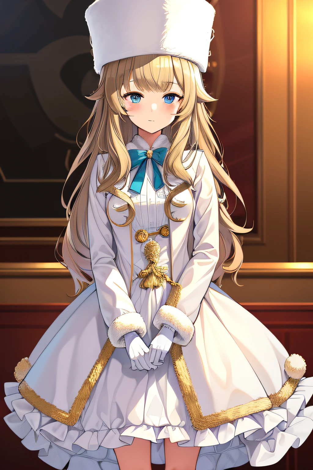 (((Best quality))), ((Ultra-detailed)), ((illustration)), ((Disheveled hair)), ((frilld)), (1 girl), (Solo),(Fur high hat:1.2),(White coat:1.2),