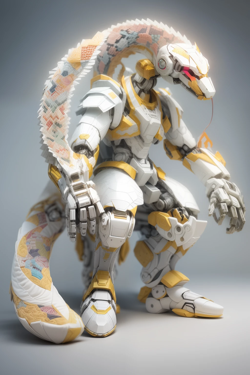 (The anthropomorphic snake of the mecha),Human form,Full body like,short feet,Mechanical armor,White background,(paper art, Quilted paper art:1.2, geomerty:1.1, zentangle,a 3D render), (Extremely colorful, Best quality, high detal, Masterpiece, Cinematic lighting, 4K)