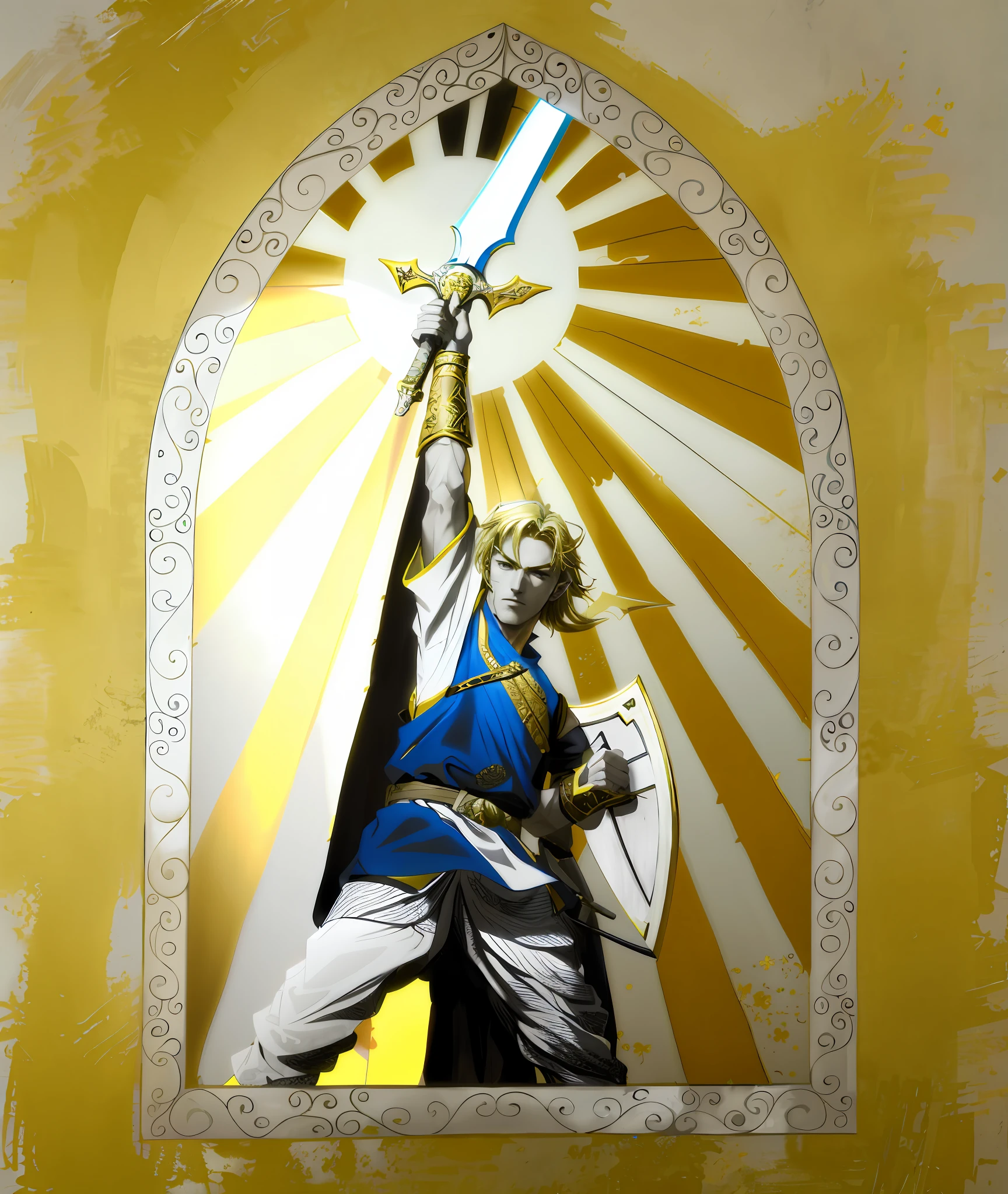 drawing of a man holding a sword and shield, warrior of light, master sword, zelda style art, with large sword, inspired by Josetsu, holy sword in his hands, fantasy graphic novel style, black and white manga style, black and white vector art, holding a sword and shield, shaded ink illustration, she is holding a sword, green clothes, white man, sun hasan yellow, gold adorns, blue background, man with gorgeous bright sword viewed through the adorned window at a blue wall, long hair, sword surrounded by sun with radius of bright intercalated with dark