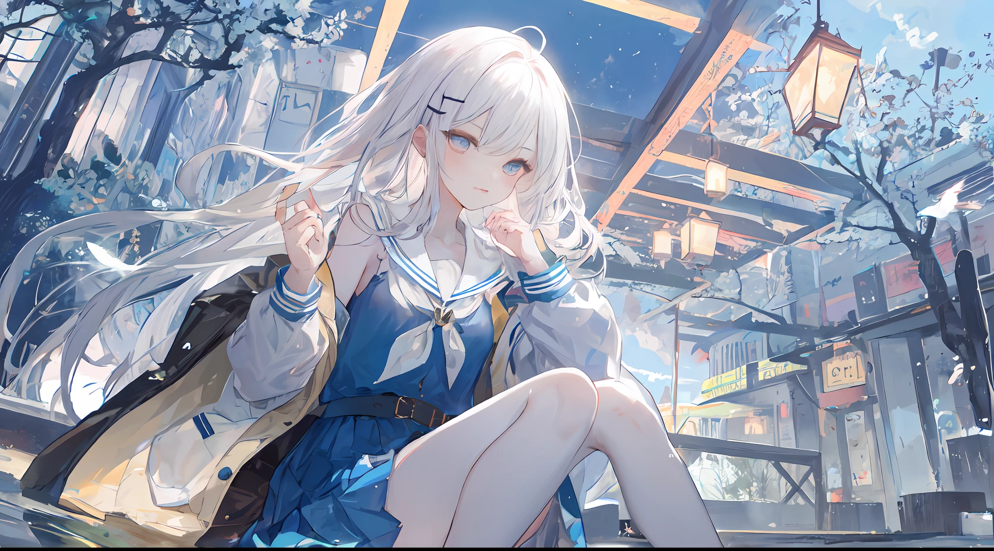 Heterochromic pupils,solo person,Ark of Tomorrow,one-girl,off-shoulder sweater, backless outfit,Starry sky,clusters of stars,Ray tracing,{Best quality}, {{Masterpiece}}, {A high resolution}, Original, Extremely detailed 8k wallpaper, {An extremely delicate and beautiful},,incredibly_absurderes,Colorful,intricately details,art book,,incredibly_absurderes,Ray tracing,Perspective,Wide shot,Overall view,,A high resolution,Game CG,short_Hair,cat_hor ears,White_Hair/White_Eyes,Detail fingers,Hands in hair,pigeon-toed,Pout,Blush,Eyes visible through hair,off-shoulder sweater,White_wind coat,Superskirt,White pantyhose,White cat ears,(((long white hair))),White tail,reaching out her hands,W cut sitting position,(((a black trench coat))),(((Blue sailor collar))),Blue pupil,White hairpin,Post-industrial buildings,4K,Master picture quality,Texture,Ark of tomorrow style,On the ground lay the West Sword,eventide,Blood-red sunlight,Black backpack,((((Short blue skirt)))),((((White tights)))),black sneaker shoes,full bodyesbian,long and flowing hair,Smiling,Squint,The ultimate in facial depiction,The ultimate body depiction,The ultimate hair depiction ,There are lanterns on the ground,is shy,in a panoramic view,The ultimate scenario description,Pout,Beautiful_face,Beautiful detailed eyes,One eye is white,One eye closed ,Earphone,Beautiful detailed sky,reflective light,Ray tracing,Sunlight,(Maid dress),Sailor dress,Sleeves,beautiful detailed water,Beautiful detailed sky,god light,depth of fields,Normal body,Normal posture,Front view,Absolutely good light and shadow,Detailed sky,baiyun,the sunset,(((城市,starlights,rios,darkly))).{Best quality}, {{Masterpiece}}, {A high resolution}, Original, Extremely detailed 8k wallpaper, {An extremely delicate and beautiful},,Ray ,{Best quality}, {{Masterpiece}}, {A high resolution}, Original, Extremely detailed 8k wallpaper, {An extremely delicate and beautiful},,incredibly_absurderes,Colorful,intricately details,art book,,Overall view,,Depth o