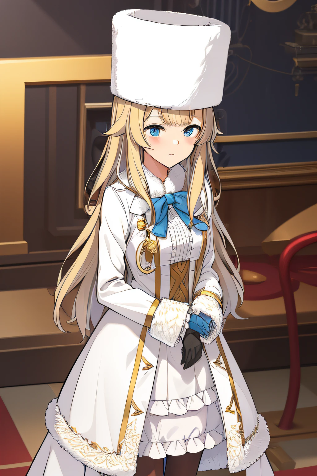 (((Best quality))), ((Ultra-detailed)), ((illustration)), ((Disheveled hair)), ((frilld)), (1 girl), (Solo),(Fur high hat:1.2),(White coat:1.2),