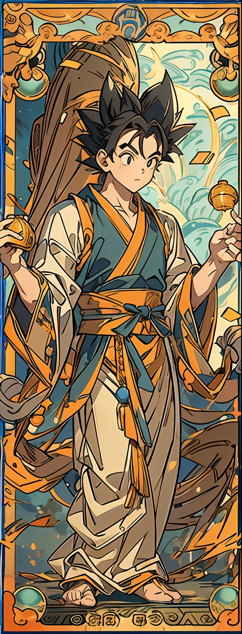 (tarot cards:1.4),(master piece:1.2),best qualityer,Chinese mythology,realisticlying, 独奏,The character standing in front of the blonde,Glowing monkey,cleanness, Son Goku:1.5,