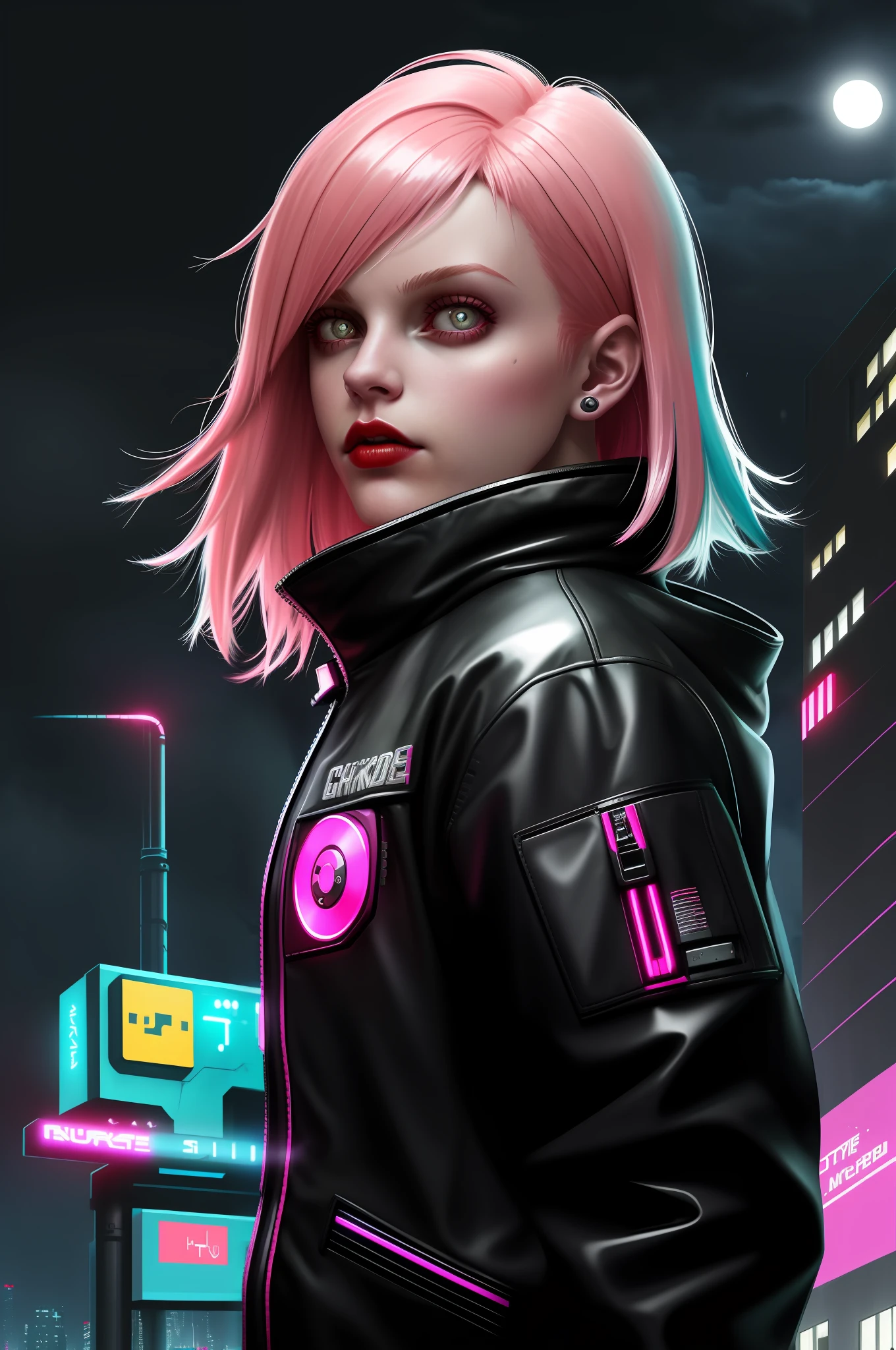 lucy \(cyberpunk\), 1girl, hair scrunchie, hime cut, silver hair, colored tips, full moon, gray eyes, jacket, long sleeves, looking at viewer, medium hair, colorful hair, parted bangs, parted lips, pink hair , portrait, red eyeliner, red lips, solo, white jacket, cyberpunk\(series\), cyberpunk city rainy night neon lights