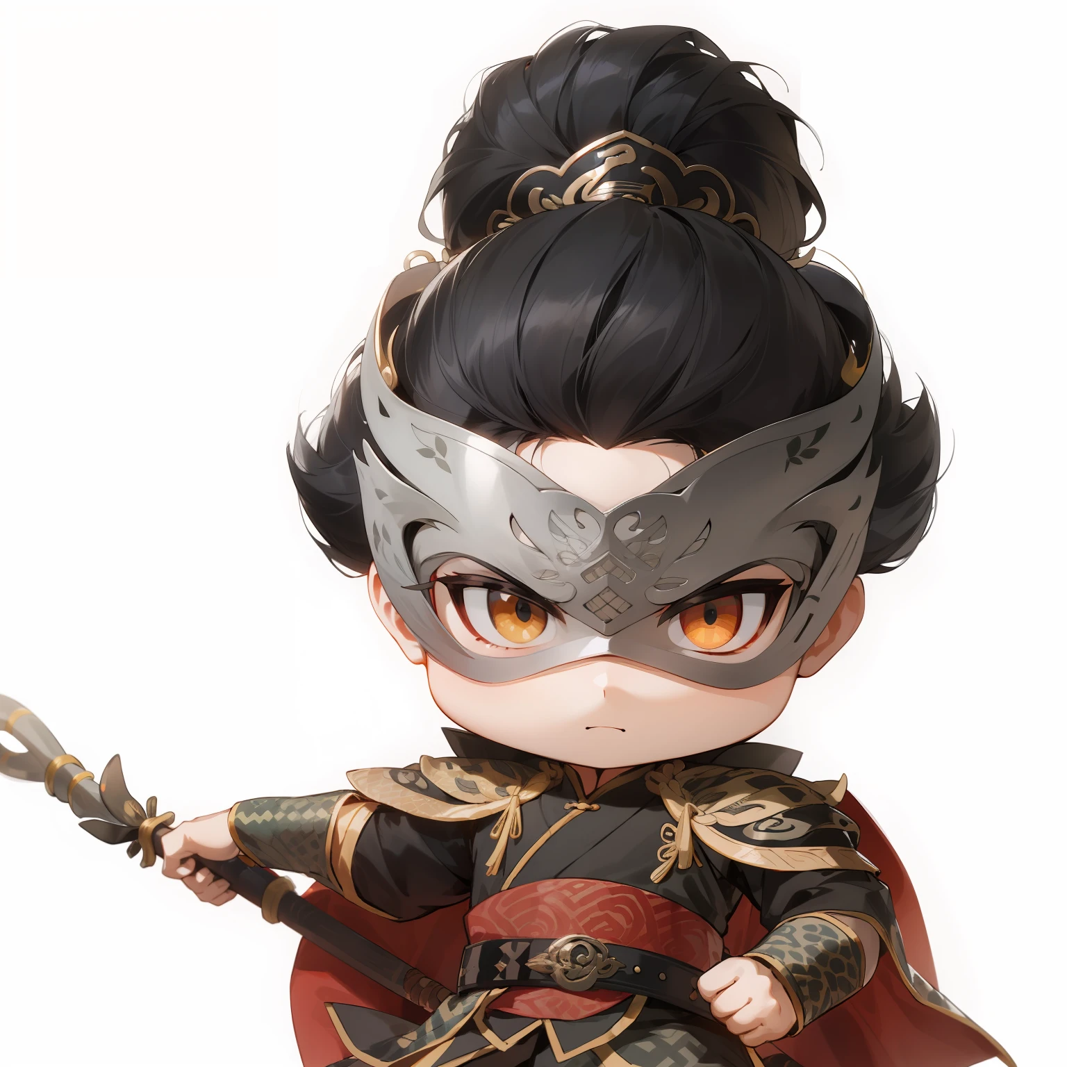 male people,Male characters,Chibi anime characters,Bad,Eight snake spears,Spear weapons,Flowing hem,China-style,Chinese-style clothing,Chinese shoes,There are beautiful patterns on the weapon grips,Refinement,Fine painting,Refinement,infinite details,high definition detail,Delicate belt,Belt accessories,Male characters,Blindfolds,Black color hair,Patterned,Pattern,Blank background,Bright colors,Metal edging
