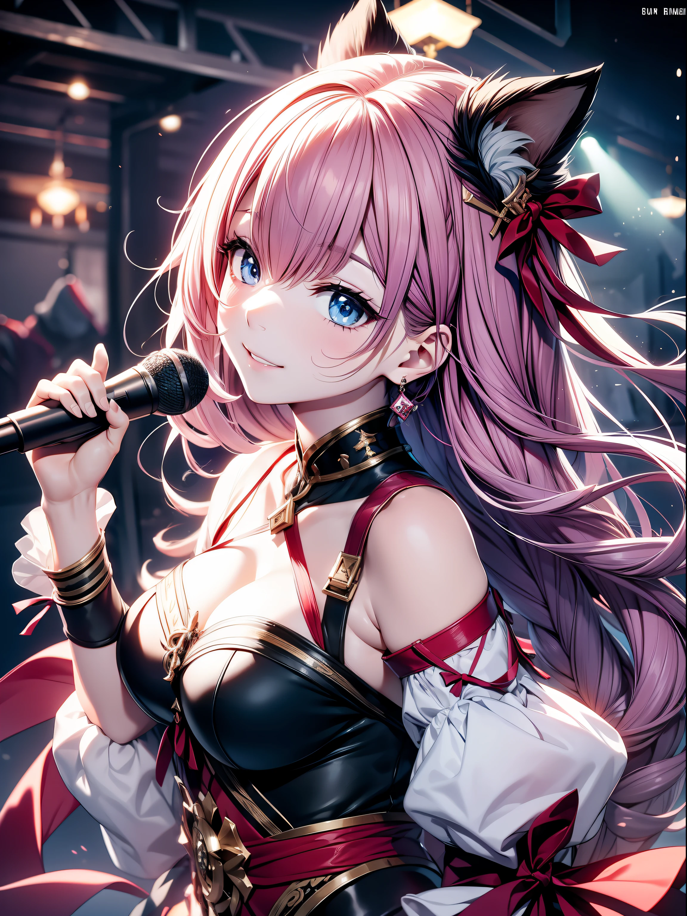 absurderes、ultra-detailliert、masterpiece、top-quality、BREAK、Official art、(Beautifully Aesthetic:1.2)、(watercolor paiting:Curly)、4fingers,thumb 、Detailed hands and fingers:1.2、BREAK、Devilish Pretty Girl 1.2、a beauty girl、(kawaii:⒈3)、sixteen years old、BREAK、colourful hair、Splash、(Mixed blue and pink hair:1.2)、(フラクタルアート1.3)、BREAK、Cat's ears、A sexy、、BREAK、Like a cat's paw、Short socks、human - shaped、BREAK、AI Concert、BREAK、random eyes、BREAK、From Side、Look at viewers、BREAK、((Above the live stage))、Coming Idol Costume、Sing while holding the microphone with your left hand、Neon Detail Spotlight、BREAK、BREAK、Shyness、tension、red blush、happy facial expression、BREAK、Versatile poses、BREAK、Standing、BREAK、