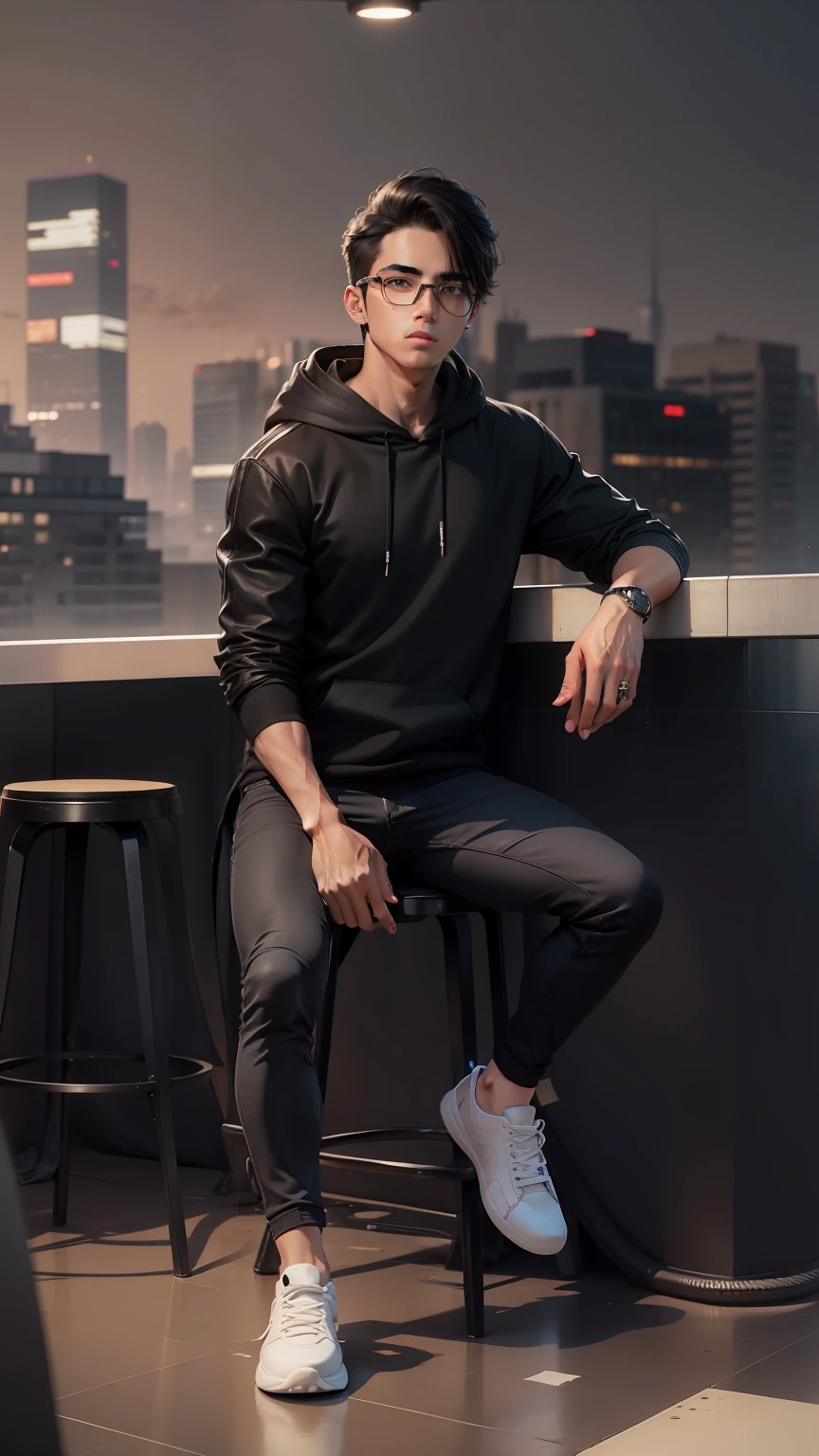 Clear handsome face,clear eyes,clear face,black hoodie,black jeans,white shoes,supercar,high buildings landscape, stylish specs