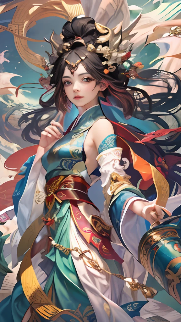 Official Art, Unified 8K Wallpapers, Ultra Detailed, Beautiful and Aesthetic, Masterpiece, Best Quality, (Zentangle, Tangle, Entangle), (fractal art: 1.4), (character center: 1.3), 1girl, black hair, Chinese, off-the-shoulders, short skirt, calf, navel, very detailed, dynamic angle, cowboyshot, (most beautiful form of chaos), ethereal, (bright colors), oc, (half: 1.2), china, (thangka flying sky: 1.5), (ribbon: 1.3), (dream: 1.5), (hanfu: 1.5), Chinese dragon, Chinese phoenix, (smile: 0.5), ( Chinese deities),