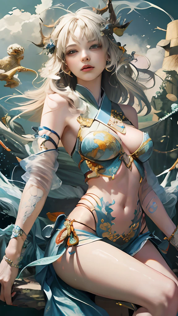 Official Art, Unified 8K Wallpapers, Ultra Detailed, Beautiful and Aesthetic, Masterpiece, Best Quality, (Zentangle, Tangle, Entangle), (fractal art: 1.4), (character center: 1.3), 1girl, black hair, Chinese, off-the-shoulders, short skirt, calf, navel, very detailed, dynamic angle, cowboyshot, (most beautiful form of chaos), ethereal, (bright colors), oc, (half: 1.2), china, (thangka flying sky: 1.5), (ribbon: 1.3), (dream: 1.5), (hanfu: 1.5), Chinese dragon, Chinese phoenix, (smile: 0.5), ( Chinese deities),