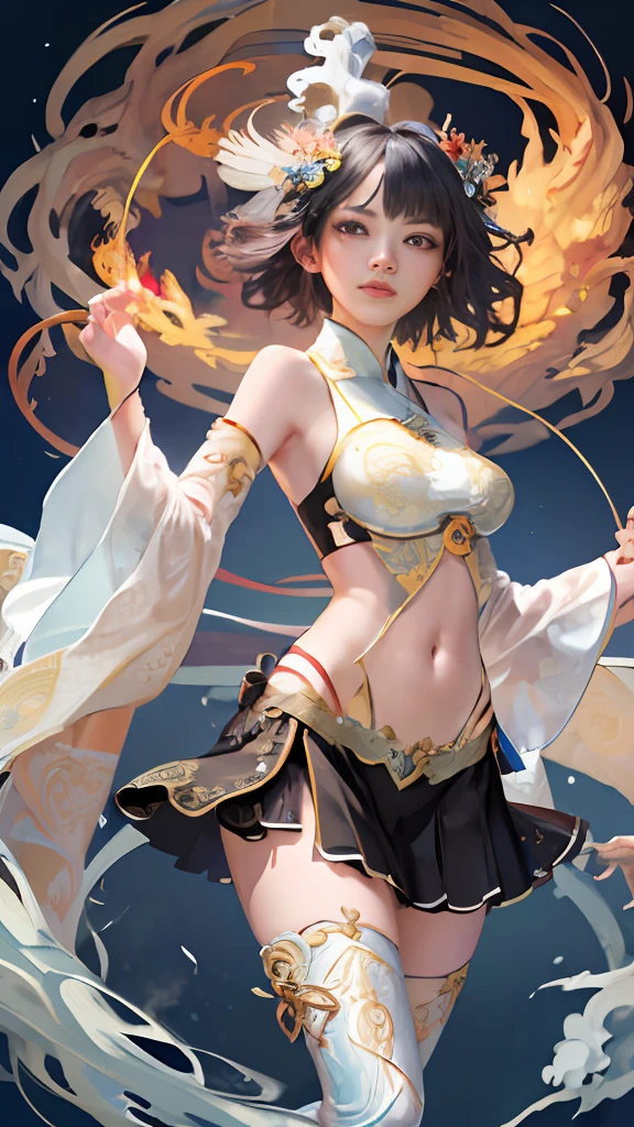 Official Art, Unified 8K Wallpapers, Ultra Detailed, Beautiful and Aesthetic, Masterpiece, Best Quality, (Zentangle, Tangle, Entangle), (fractal art: 1.4), (character center: 1.3), 1girl, black hair, Chinese, off-the-shoulders, short skirt, calf, navel, very detailed, dynamic angle, cowboyshot, (most beautiful form of chaos), ethereal, (bright colors), oc, (half: 1.2), china, (thangka flying sky: 1.5), (ribbon: 1.3), (dream: 1.5), (hanfu: 1.5), Chinese dragon, Chinese phoenix, (smile: 0.5), ( Chinese deities),