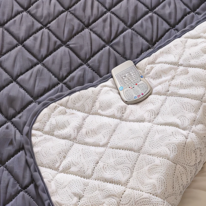 There is a blanket with a remote control, Sharply detailed, high quality details, Designed for a cozy aesthetic!, High-angle close-up shots, high quality details, hoog detail, High - Detail, hoog detail, Medium close-up, medium close - up, Softness - warmth, High-quality and detailed descriptions, Quilt, Dark Grey, Close Angle