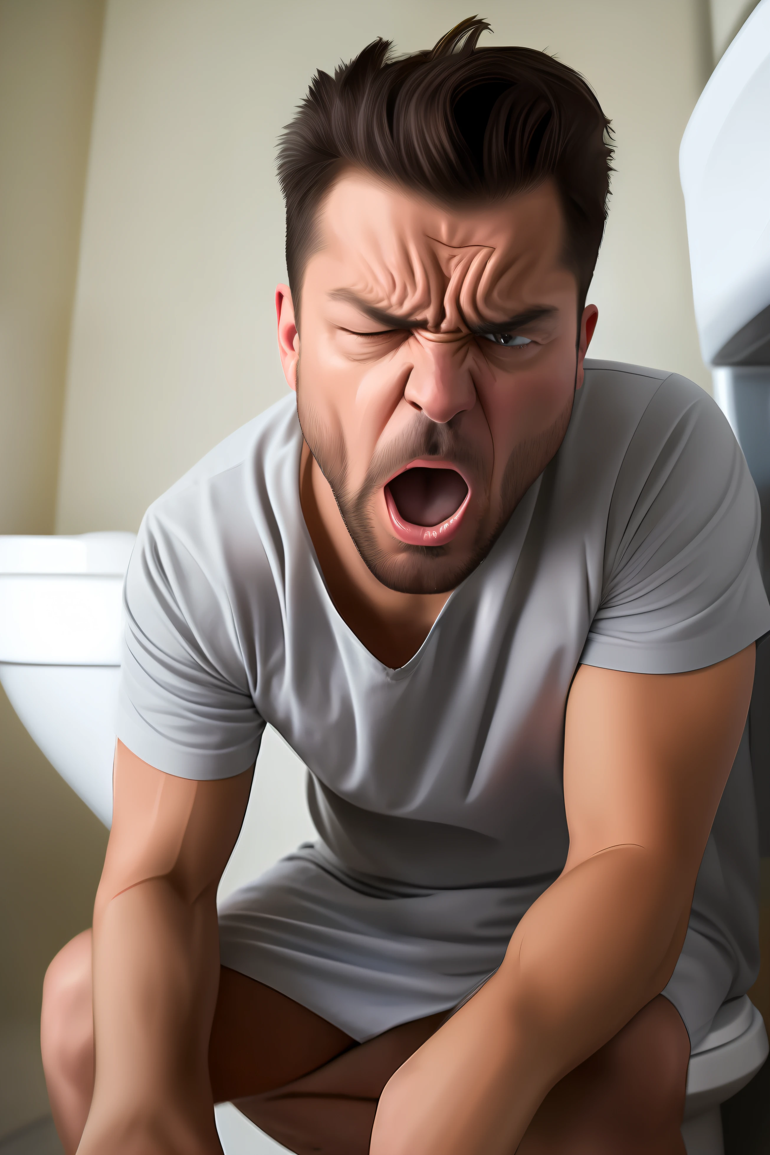 A man sitting on the toilet taking a with an angry face