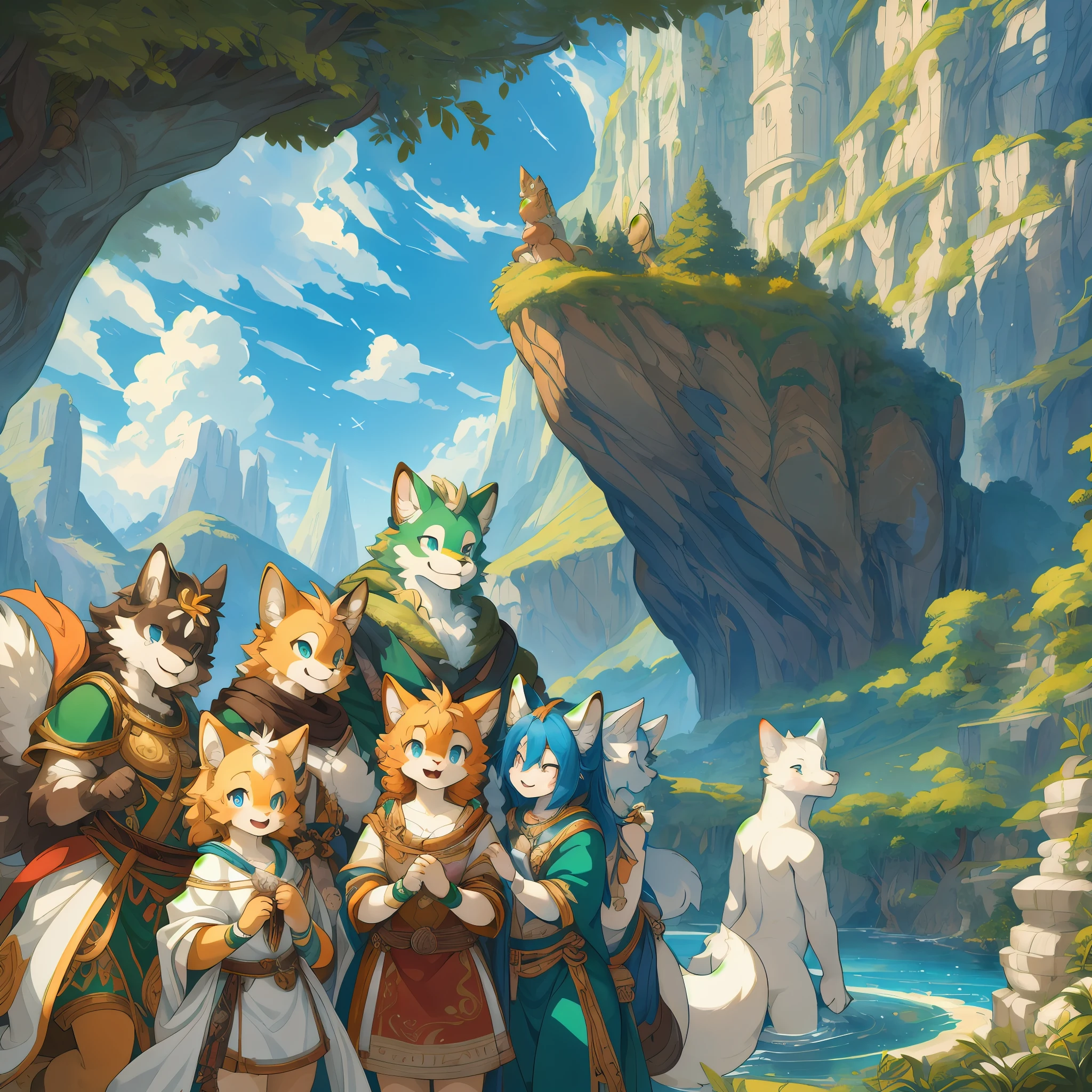 dynamic angle, top quality, best quality, High-quality illustrations, masterpiece, super high resolution, detailed background, detailed background, mythical world depicted by Michelangelo, group shot:0.1, 6+boys, 6+girls, Happy, joyful, absurdres(highly detailed beautiful face and eyes)perfect anatomy(kemono, furry anthro),