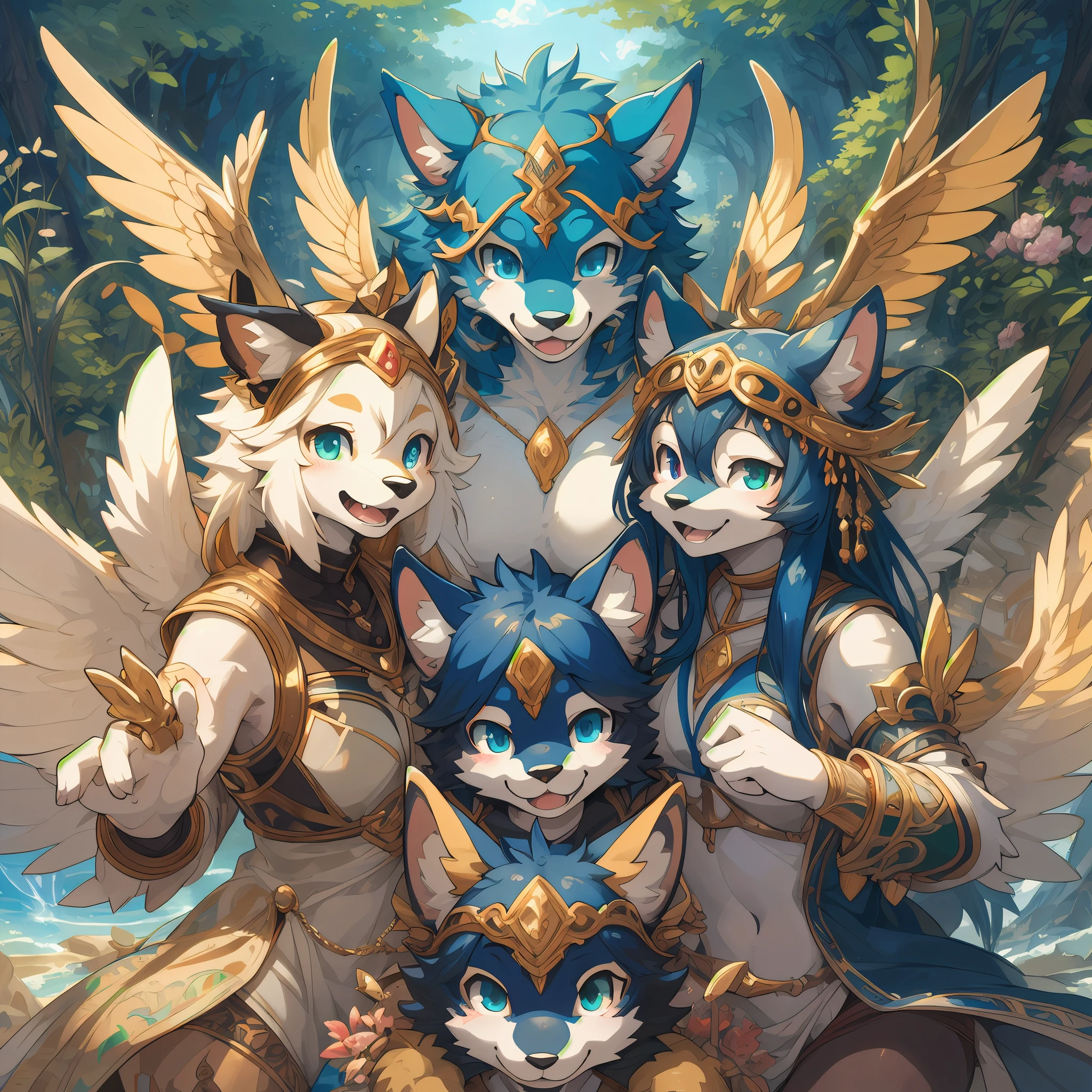 dynamic angle, top quality, best quality, High-quality illustrations, masterpiece, super high resolution, detailed background, detailed background, mythical world depicted by Michelangelo, group shot:0.1, 6+boys, 6+girls, Happy, joyful, absurdres(highly detailed beautiful face and eyes)perfect anatomy(kemono, furry anthro),