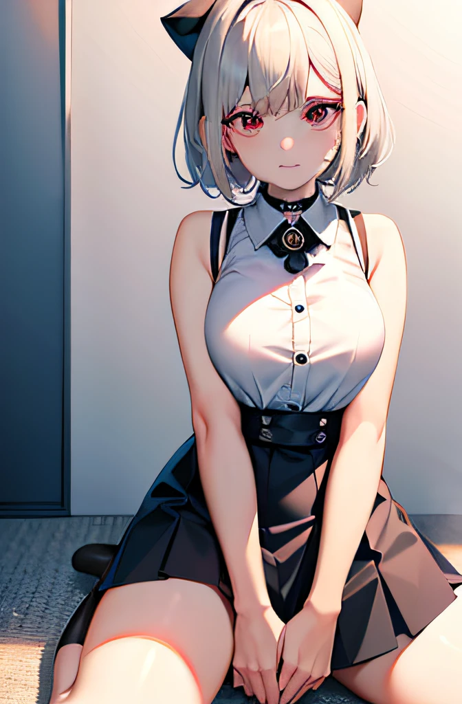 best quality, ultra high res, 1girl, sleeveless white button shirt, black skirt, black choker, cute, (Kpop idol), (aegyo sal:1), (platinum blonde hair:1), ((puffy eyes)), looking at viewer, full body, facing front