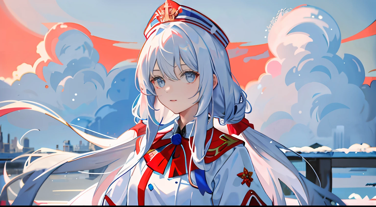 1girll, flag of Russia,Siberian winter clothes,Red, Blue, White clothing,long white hair,Blue eyes,Domineering,Look up