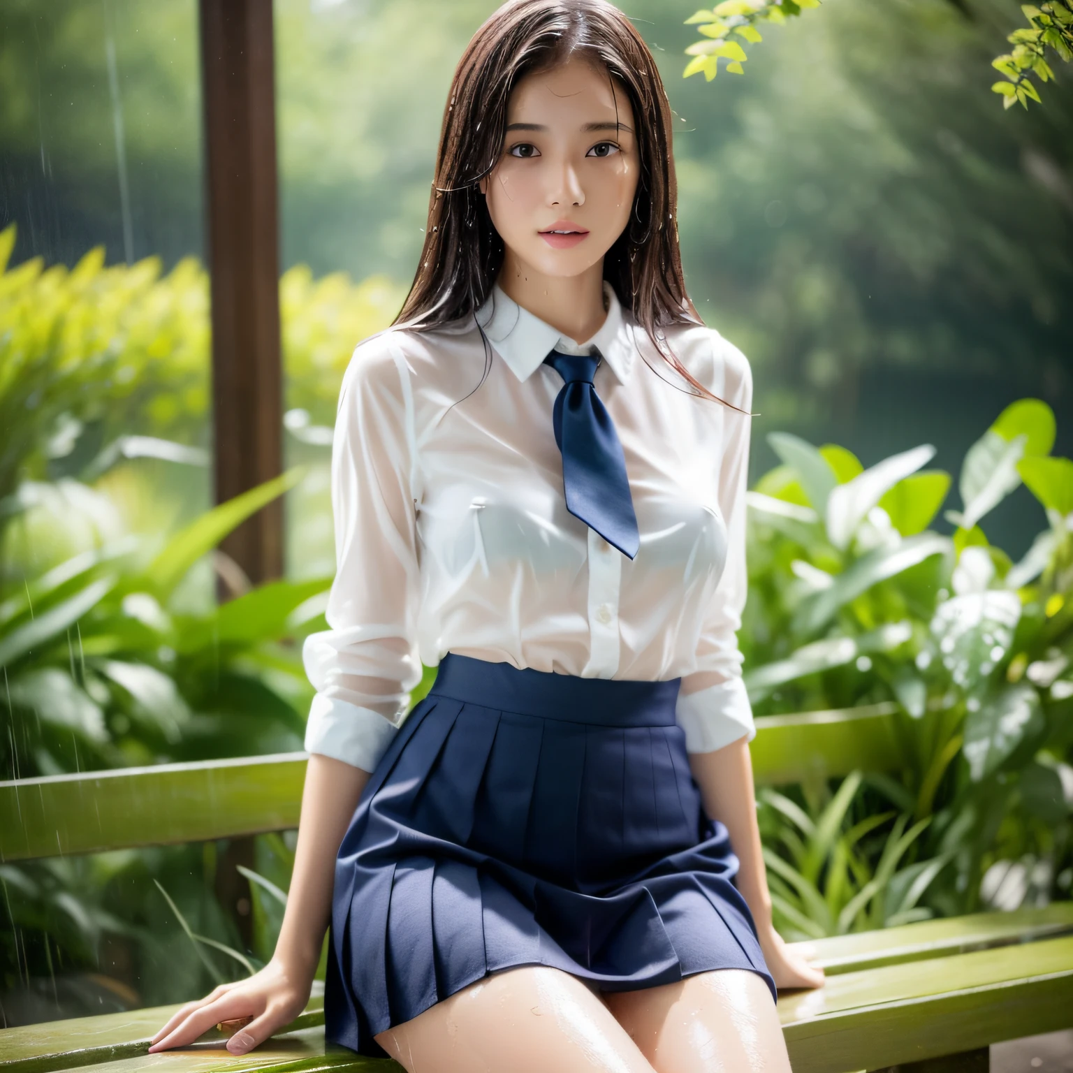 insanely Beautiful 13yr old japanese seductive female, , Beautiful fece, blush , ,lob hair, school uniform, thin-blouse ,navy Skirt ,,slender body, skinny body,hourgrass body ,slim waist,slim limb,slim hips,pale skin,at outdoor bench,rainy day,,wet sheer clothes,wet,wet body,wet skin,, soaked,soaking wet , natural lighting,clean detailed faces,, photo realistic, depth of field, clean image, Beautiful eyes,high quality, high detail, high definition, Luminous Studio graphics engine,Unreal Engine5, HDR,master-piece,beautiful nice tits ,Transparent lingerie,,sitting,